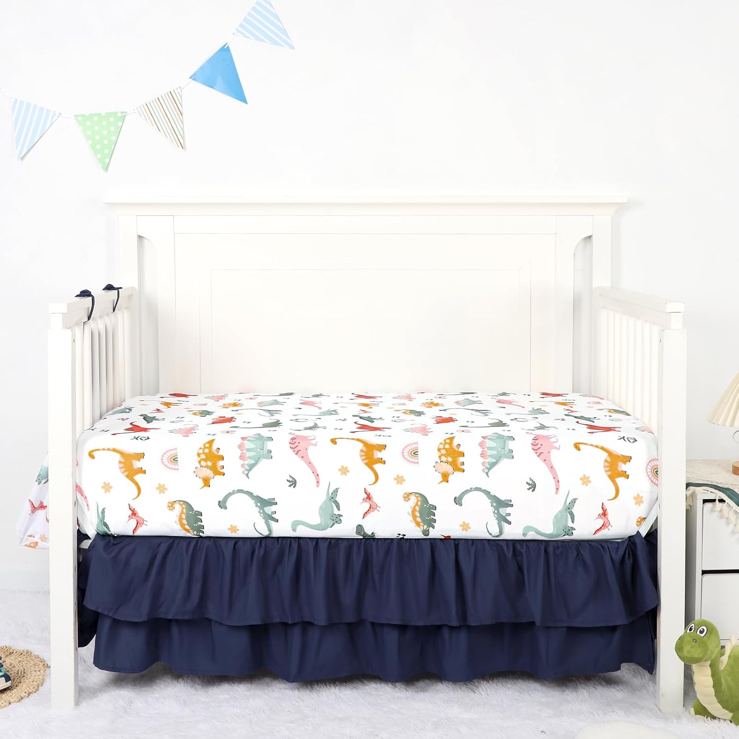 Crib Bedding Set for Boys, Baby Crib Bedding Set 4 Piece, Baby Boy Nursery Bedding Set Including Comforter, Fitted Crib Sheet, Crib Skirt, Diaper Stacker, Blue Dinosaur