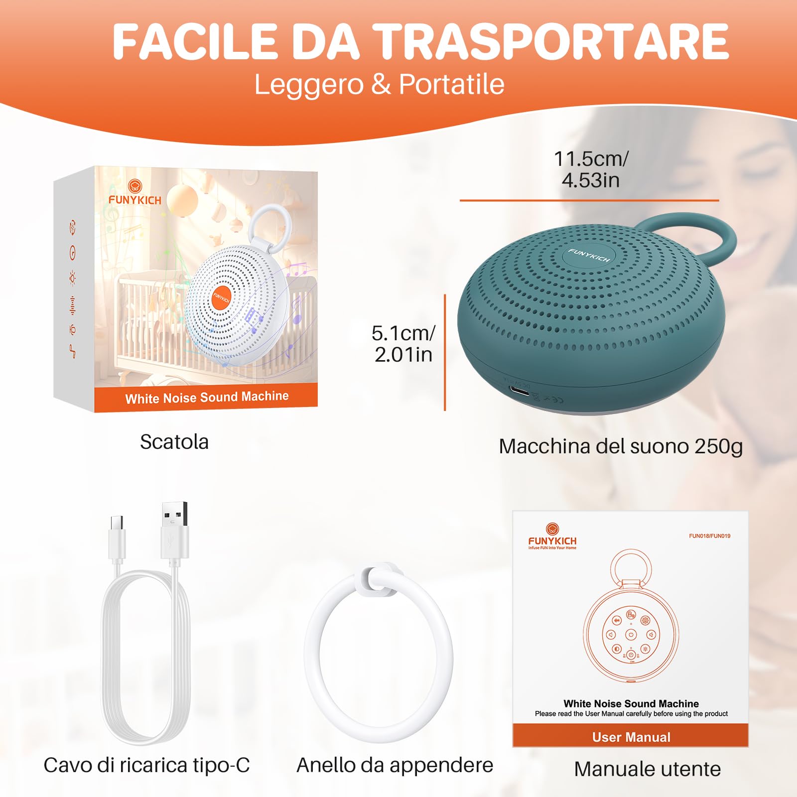 FUNYKICH Rumori Bianchi per Neonato con Funzione di Registrazione a 2 Segmenti e Altoparlante Senza Fili,24 Suoni Rilassanti,Macchina Rumore Bianco per Dormire Adulti con Luce Notturna e Timer,Blu