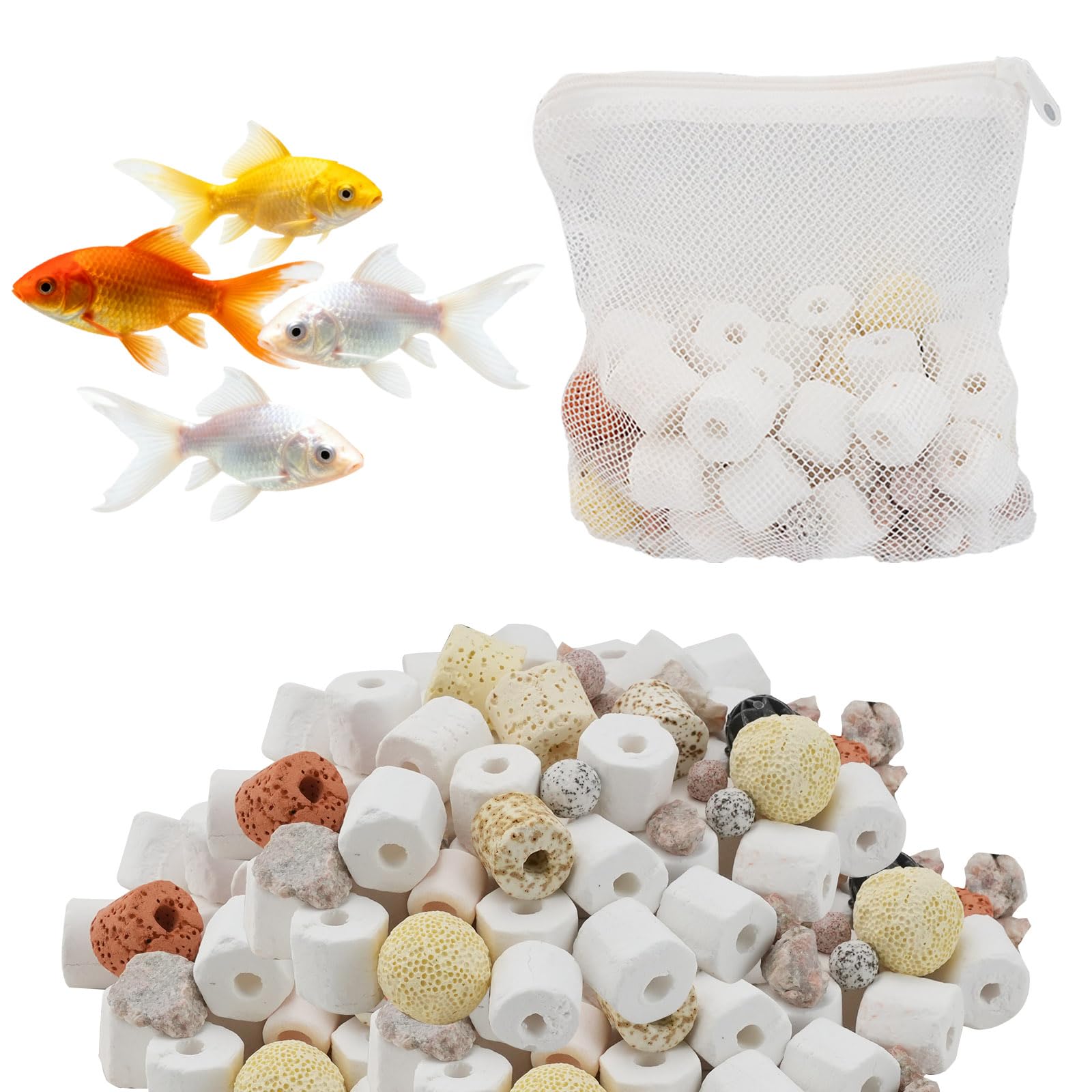 giteo bedding Aquarium Filter Media, 12-in-1 Bio Balls and Ceramic Rings Set with Zippered Mesh Bag, Durable Biological Filter Media for Freshwater Marine Fish Tanks, Ponds, Canister Filters (500g)