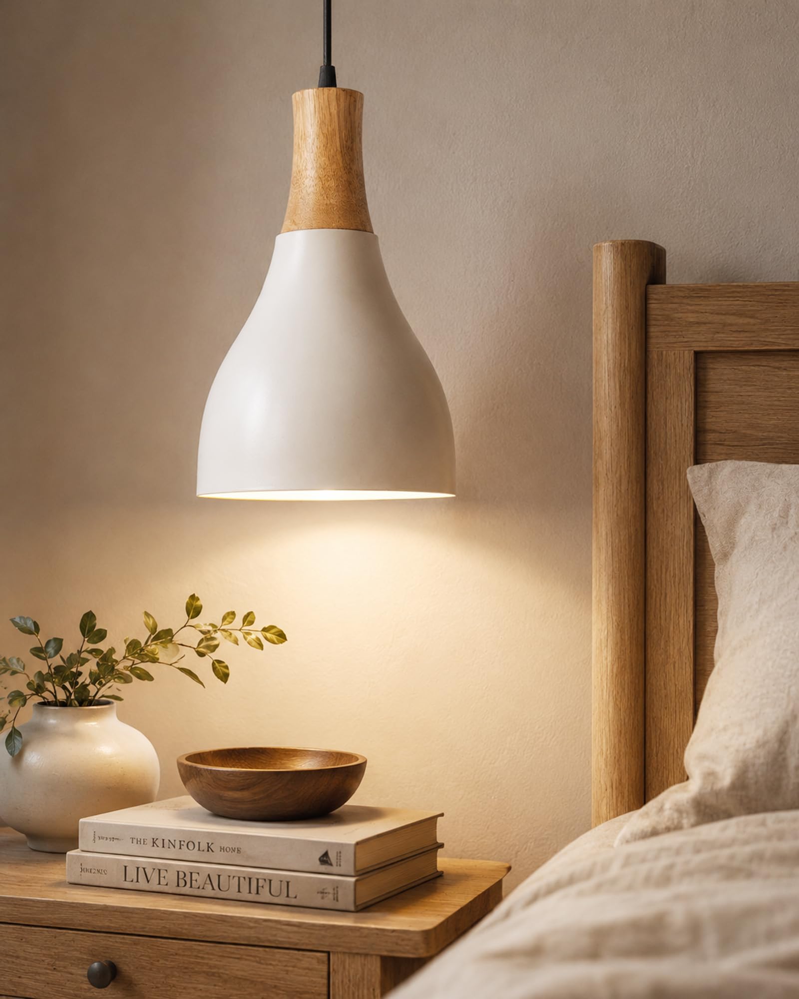 Homesake®Croft Metal Wood Pendant Light, White Metal Natural Hanging Ceiling Light, Pyramid-image-44