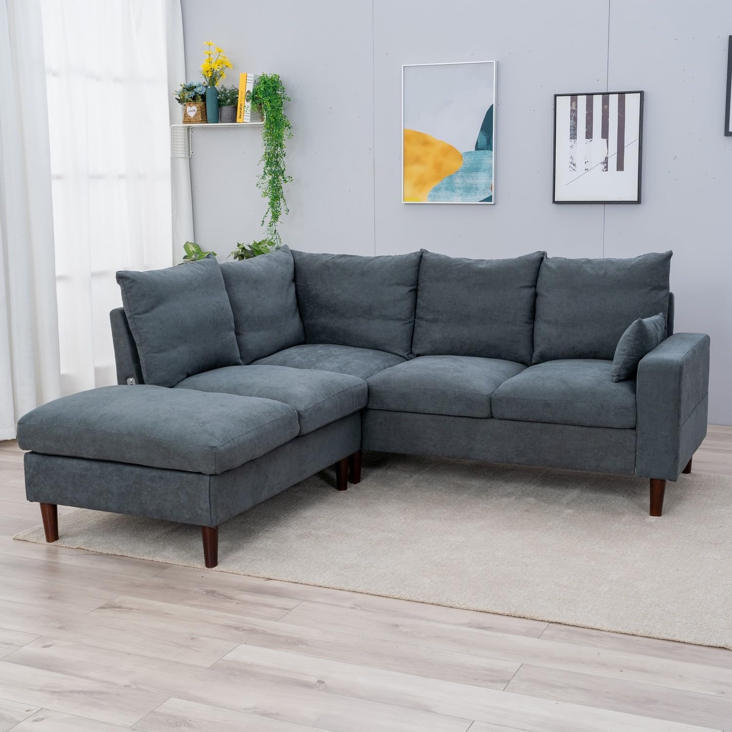 Panana6 Seater Convertible Sectional Sofa L-Shape Sofa Couch Linen Fabric Upholstered for Living Room, Apartment, Office (Grey, 5 Seater with Built-in USB Port Chaise)
