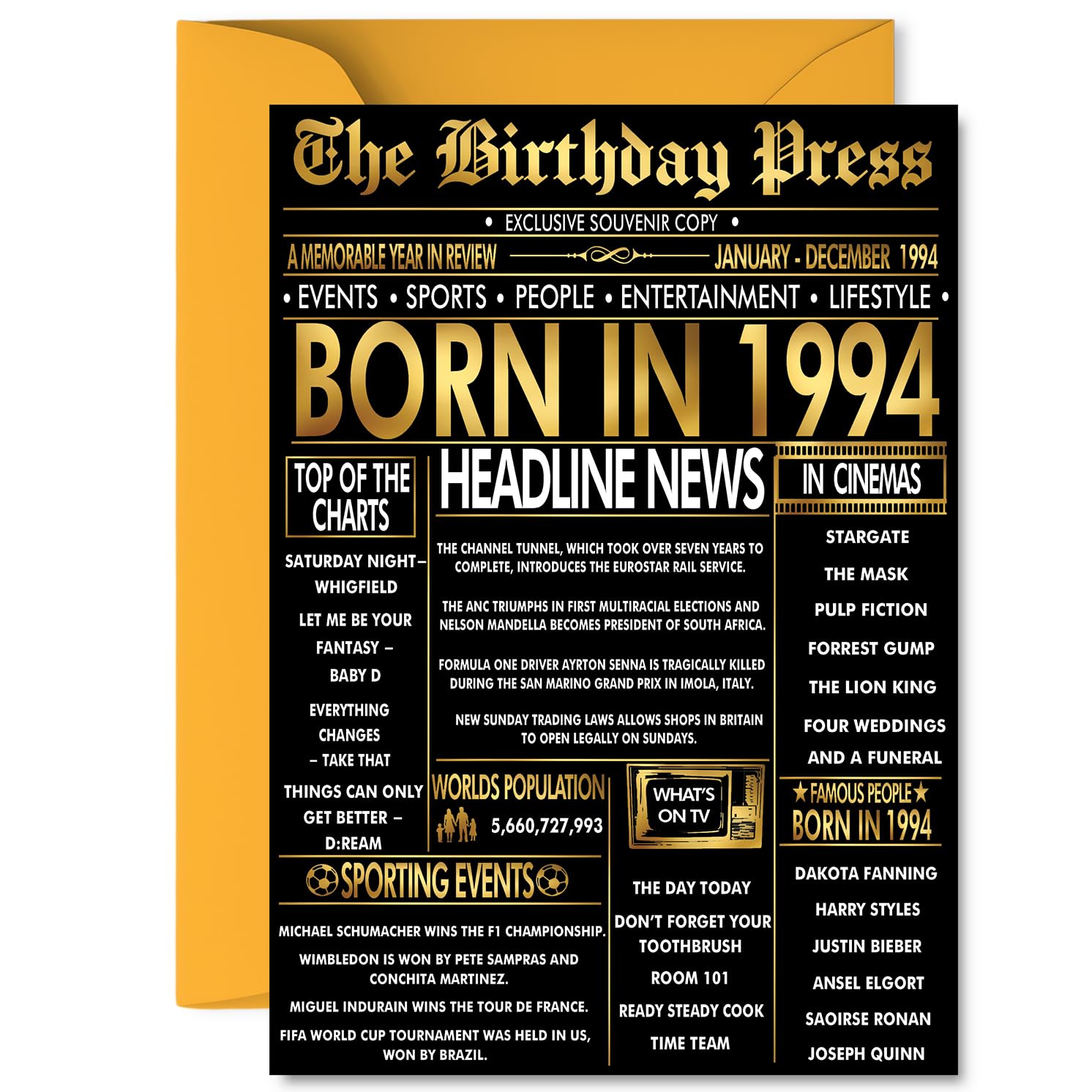 Gold 32nd Birthday Card for Men Women - Black & Golden Newspaper Born in 1994 - Happy 32 Birthday Cards for Auntie Husband Uncle Neighbour Brother Daughter, A5 Bday Greeting Cards