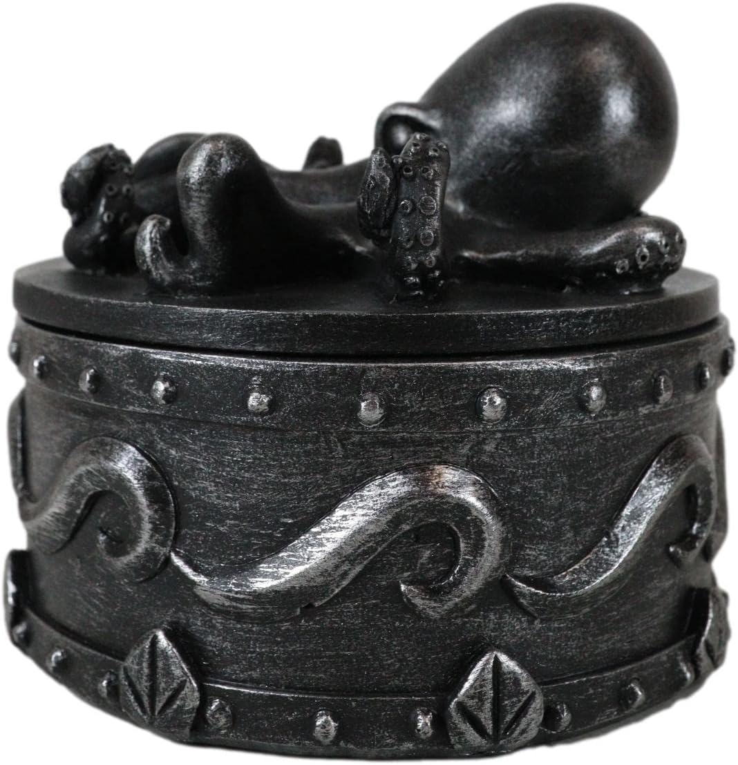 Ebros Gift Faux Pewter Nautical Marine Octopus Kraken Cthulhu Keeper Of The Atlantis Sculptural Decorative Round Jewelry Box Figurine For Trinkets Gadgets And Gizmos
