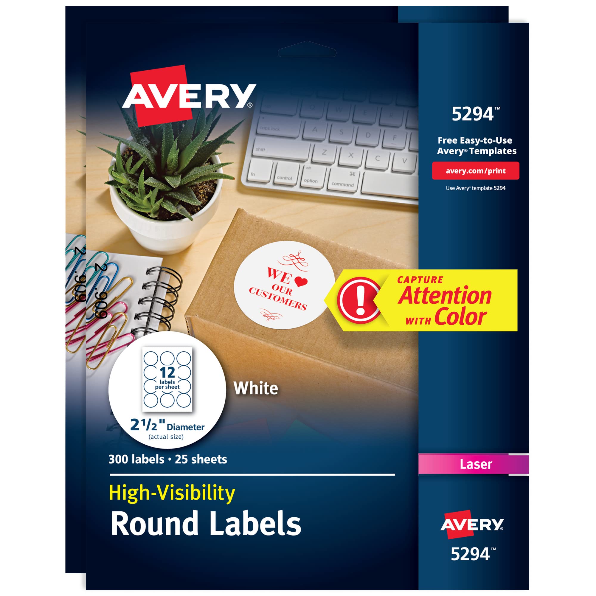 Photo 1 of Avery High Visibility Printable Round Labels with Sure Feed, 2.5" Diameter, White, 300 per Pack, 2 Packs, 600 Customizable Blank Labels Total (45294) 600 labels