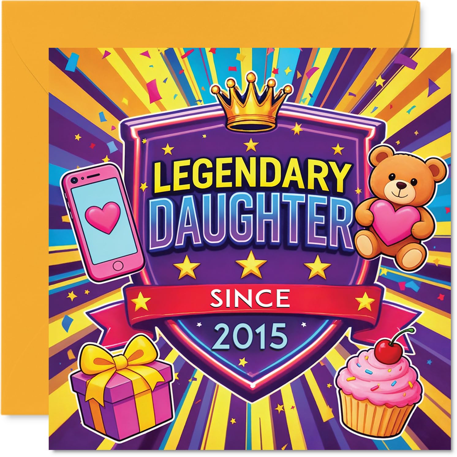 Playful 11th Birthday Card - Legendary Since 2015 - Crown, Teddy Bear and Cupcakes in a Vibrant Celebration - 145mm Square, Envelope Included