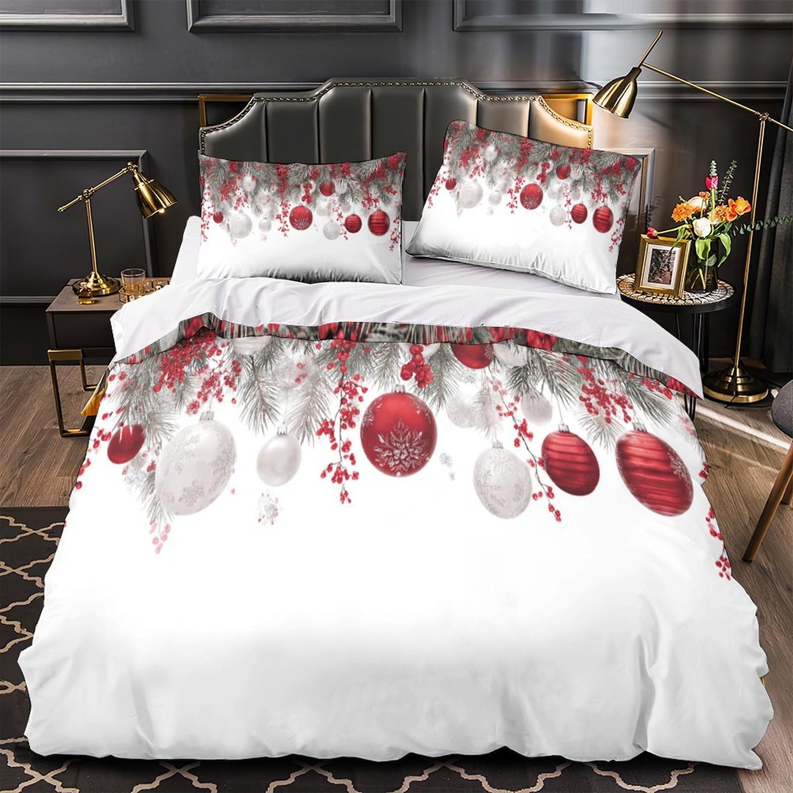 Housse de couette Noël 135x200cm rouge et blanc en microfibre