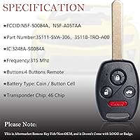 Vista 4 de MechanMagic Llavero de repuesto para Honda Civic EX Si Hybrid 2006 2007 2008 2009 2010 2011 2012 2013 Acura Mdx 2007-2013 N5F-S0084A Control remoto