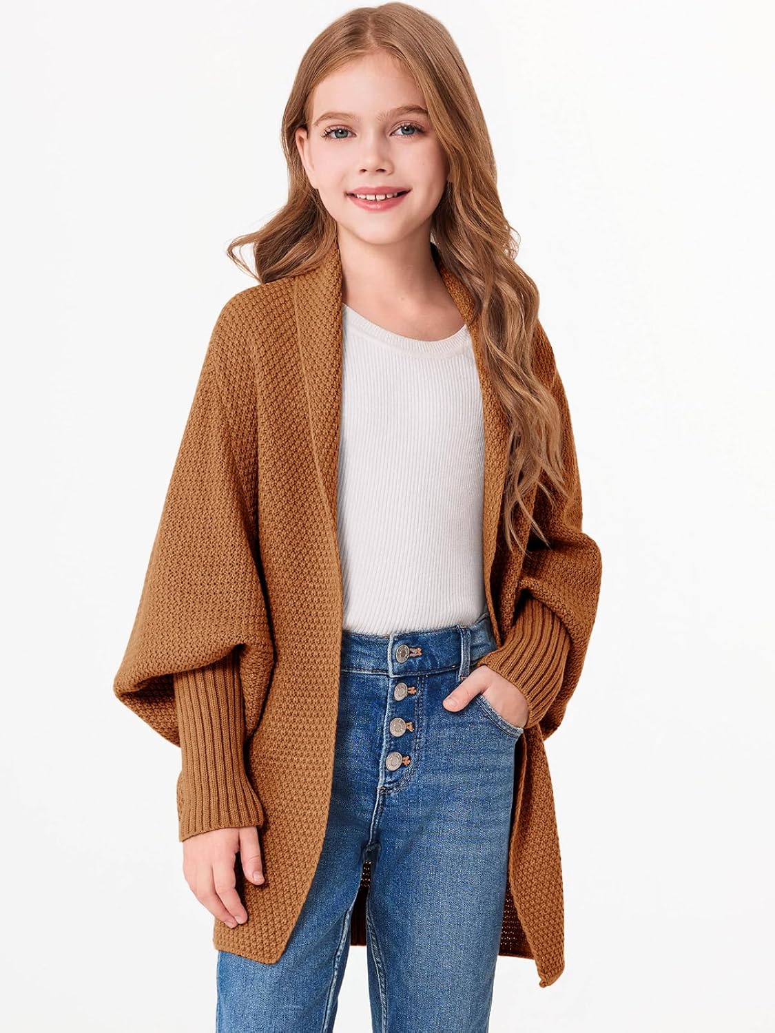 Imily Bela Girls Cardigans Kids Casual Batwing Sleeve Open Front Knitted Sweater - Image 3