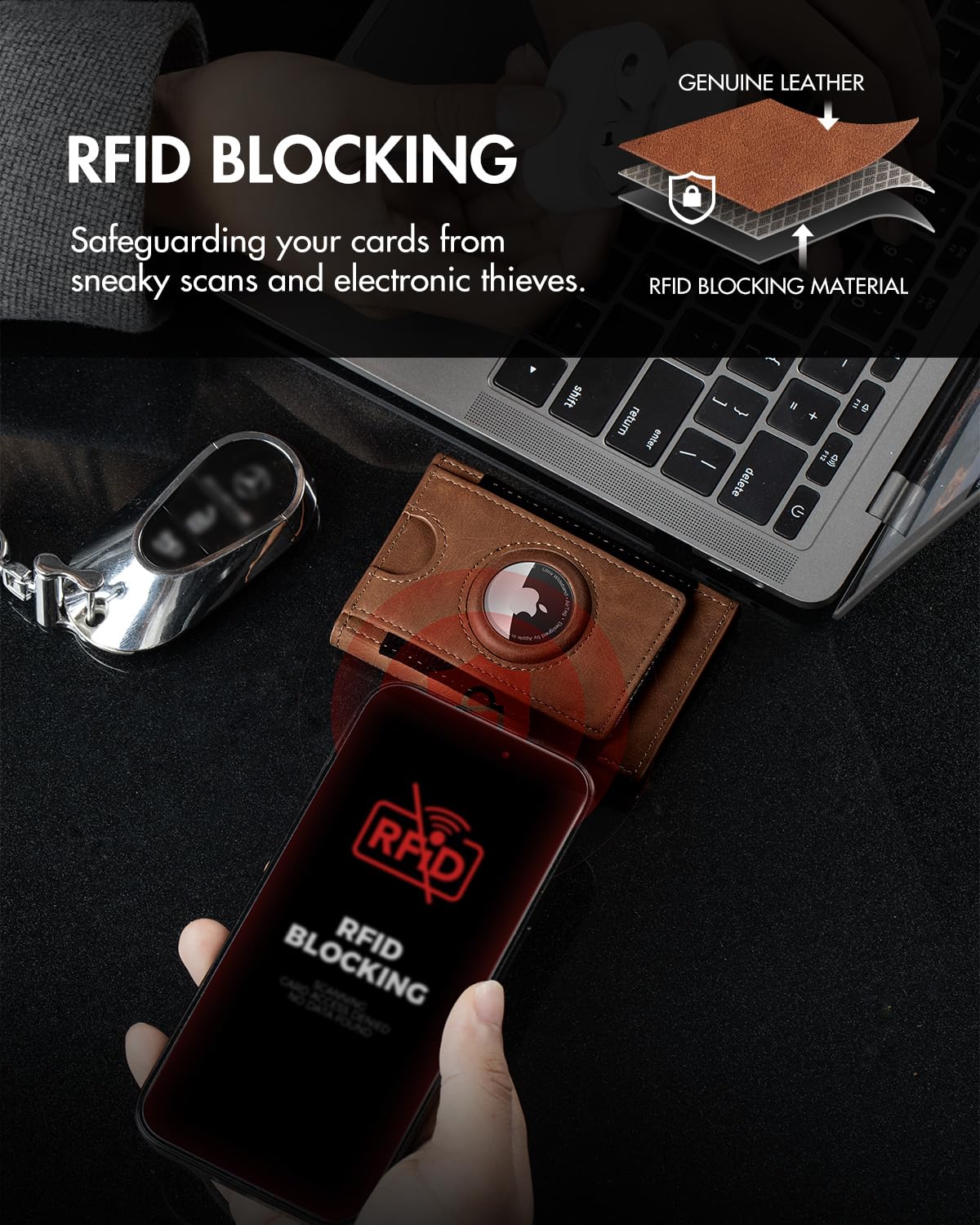 Billetera AirTag, delgada y minimalista con bolsillo frontal de piel, con bolsillo frontal inteligente, con ventana de identificación, para 7 a 8 tarjetas, ranura para efectivo, bloqueo RFID, regalo 5
