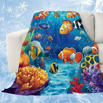 Ocean Cooling Blankets for Hot Sleepers Summer Ocean Clownfish Coral Seagrass Underwater World Cooling Comforter Breathable Double Side Cool Lightweight Blanket for Bed Couch Sofa 50" x 60"