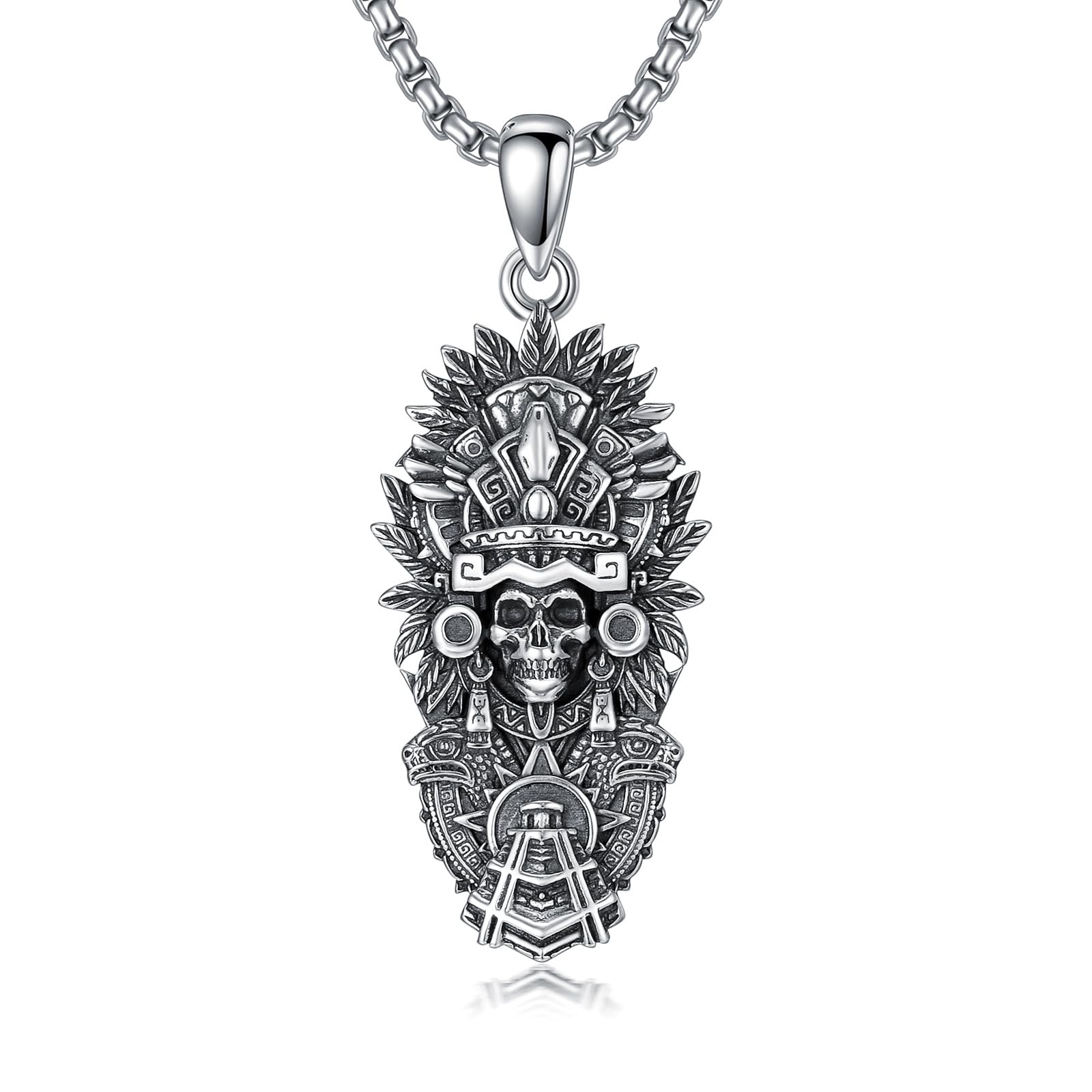 PELOVNY Aztec Jewelry 925 Sterling Silver Mictlantecuhtli Skull