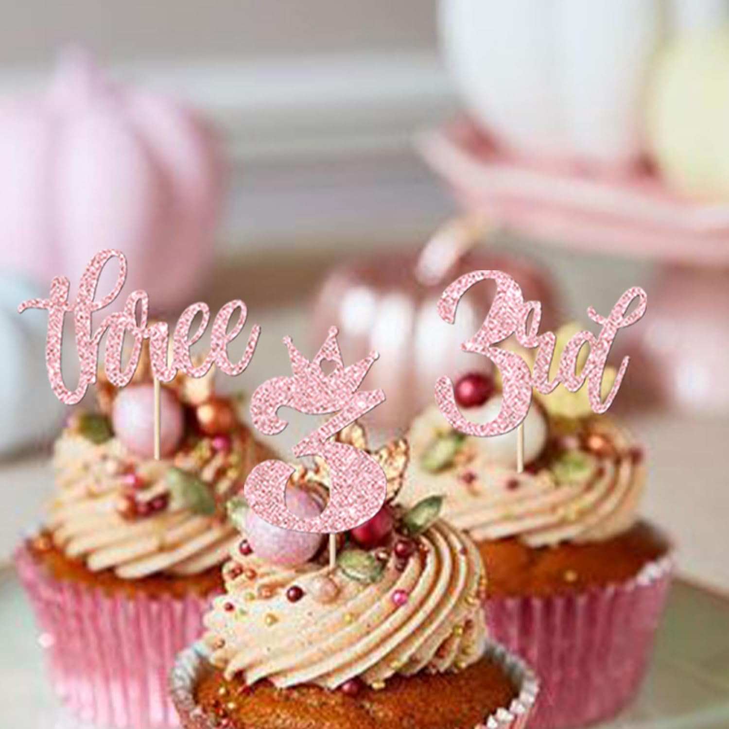 24 Pack Three Cupcake Toppers Glitter Happy 3rd Birthday Picks Crown Cake Decorations for Third Baby Shower Anniversary Party Supplies Pink