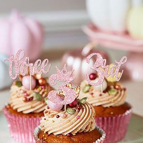Miniatura 7 de Paquete de 24 adornos para cupcakes con purpurina para tercer cumpleaños, corona, decoración de pastel para tercer baby shower, aniversario,
