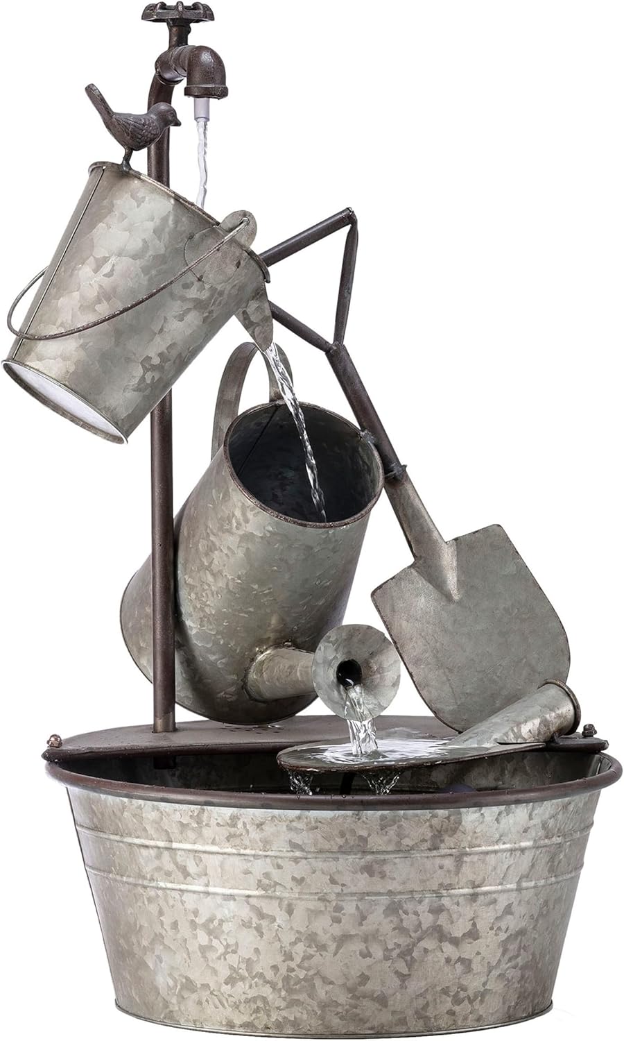 Alpine Corporation YHL106 Outdoor Floor 3-Tiered Metal Garden Tools Water Fountain, Tools and Faucet Waterfall, 28", Gray