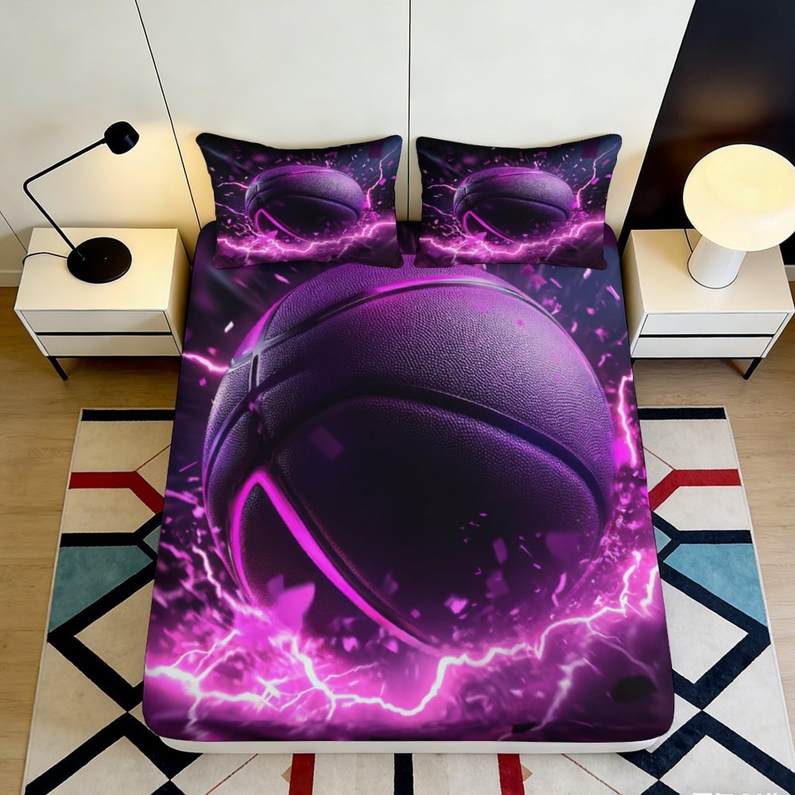 3D Printed Neon Basketball Fitted Sheet Microfiber Deep Pocket Non-Slip Bedroom Bedding Neon Basketball Mattress Fitted Cover for Adults Teens 200x200x25cm