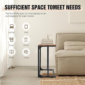 Side Table C-Shaped End Table Bedside Tables with Adjustable Anti-Slip Feet, Metal Frame, for Sofa Bedroom, Living Room, Office, Small Spaces, Coffee, 38x28x63.5cm, Rustic Brown, Industrial Style