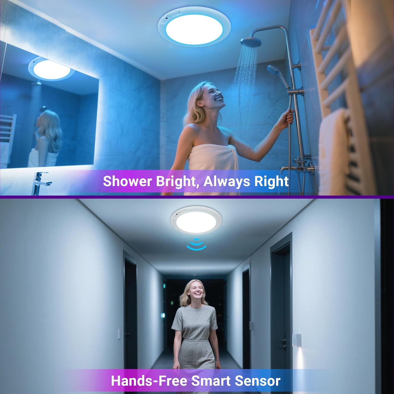 Shower Lights for Inside Shower - 1 Pack Rechargeable Ceiling Light with Remote, Color Changing & White Timing Light, Motion Sensor Battery Powered Shower Lamp for Bathroom Closet Patio