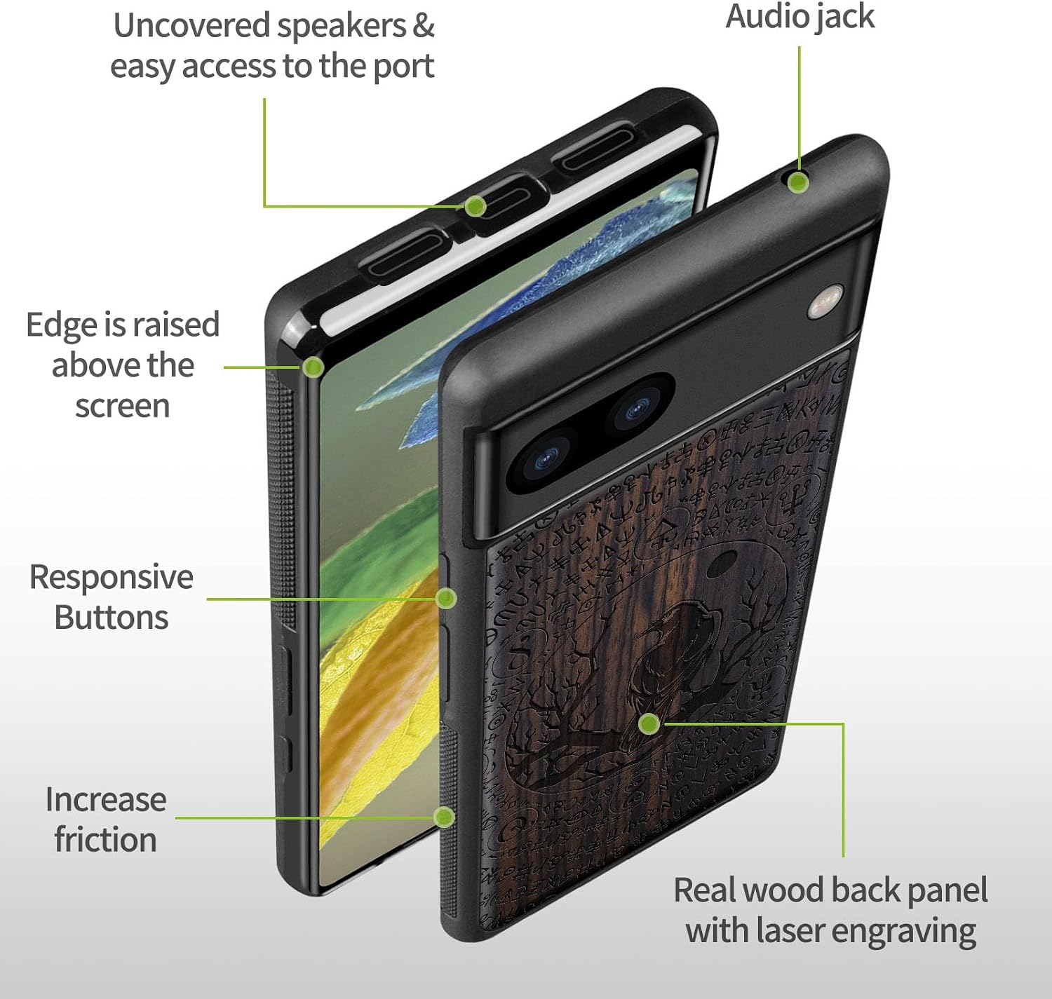 Carveit Wood Case for Pixel 8a Case [Natural Wood & Black Soft TPU] Shockproof Protective Unique Wooden Cover Compatible with Google Pixel 8a (Perching Crow-Blackwood)