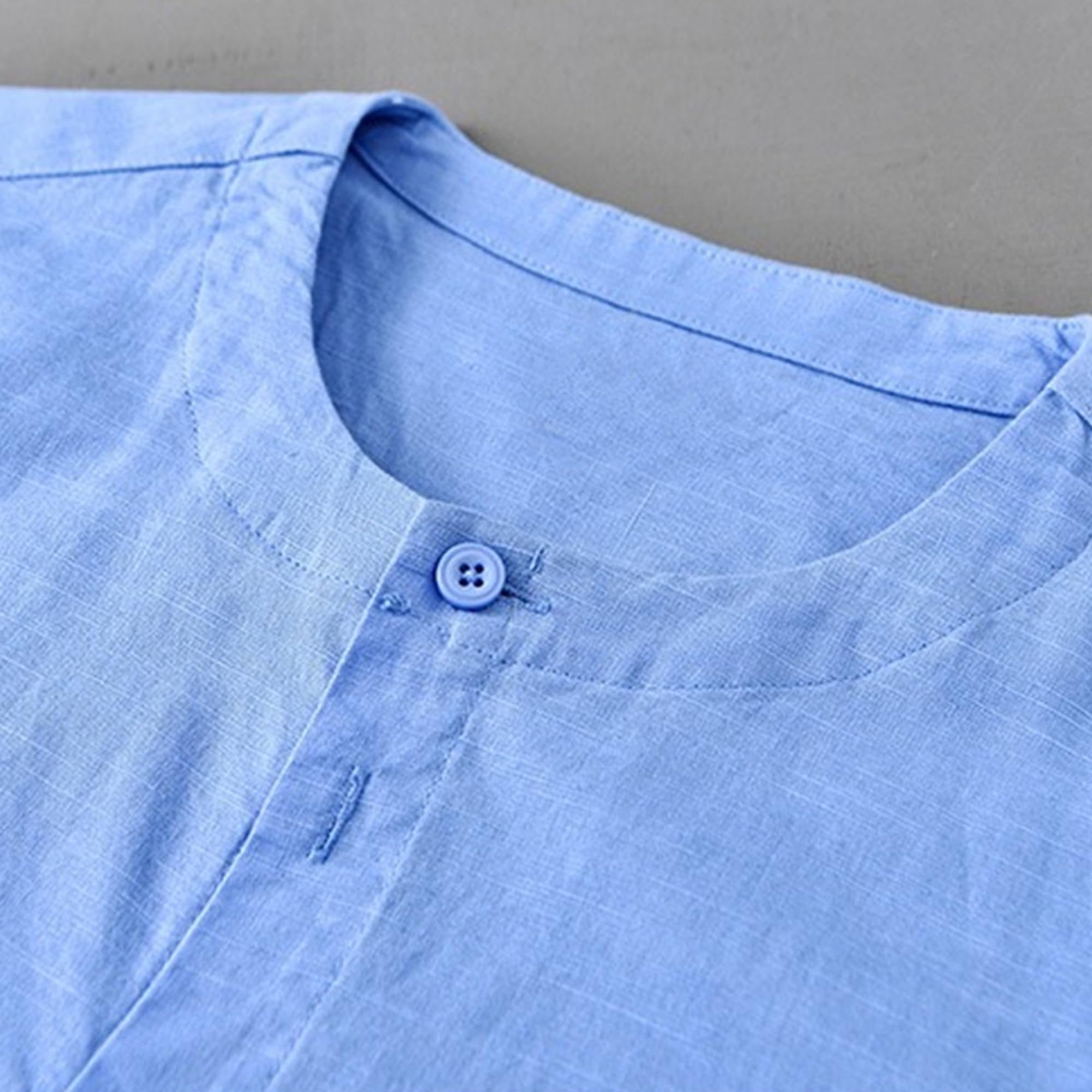 Camicia da uomo retrò a maniche lunghe con bottoni, camicia da esterno girocollo sottile | Colletto a fascia, vestibilità casual, tessuto traspirante, spacchi laterali, polsini arrotolati