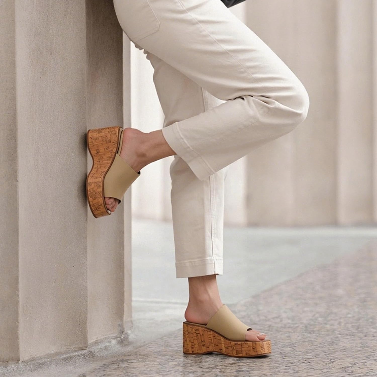 Faux Wood platform Cork slides sandals for Womens Suede wide Band Square Toe with Comfort Memory Foam Wood Grain Chunky Wedge Slip-On Mule Sandals for Casual Walking & Beach