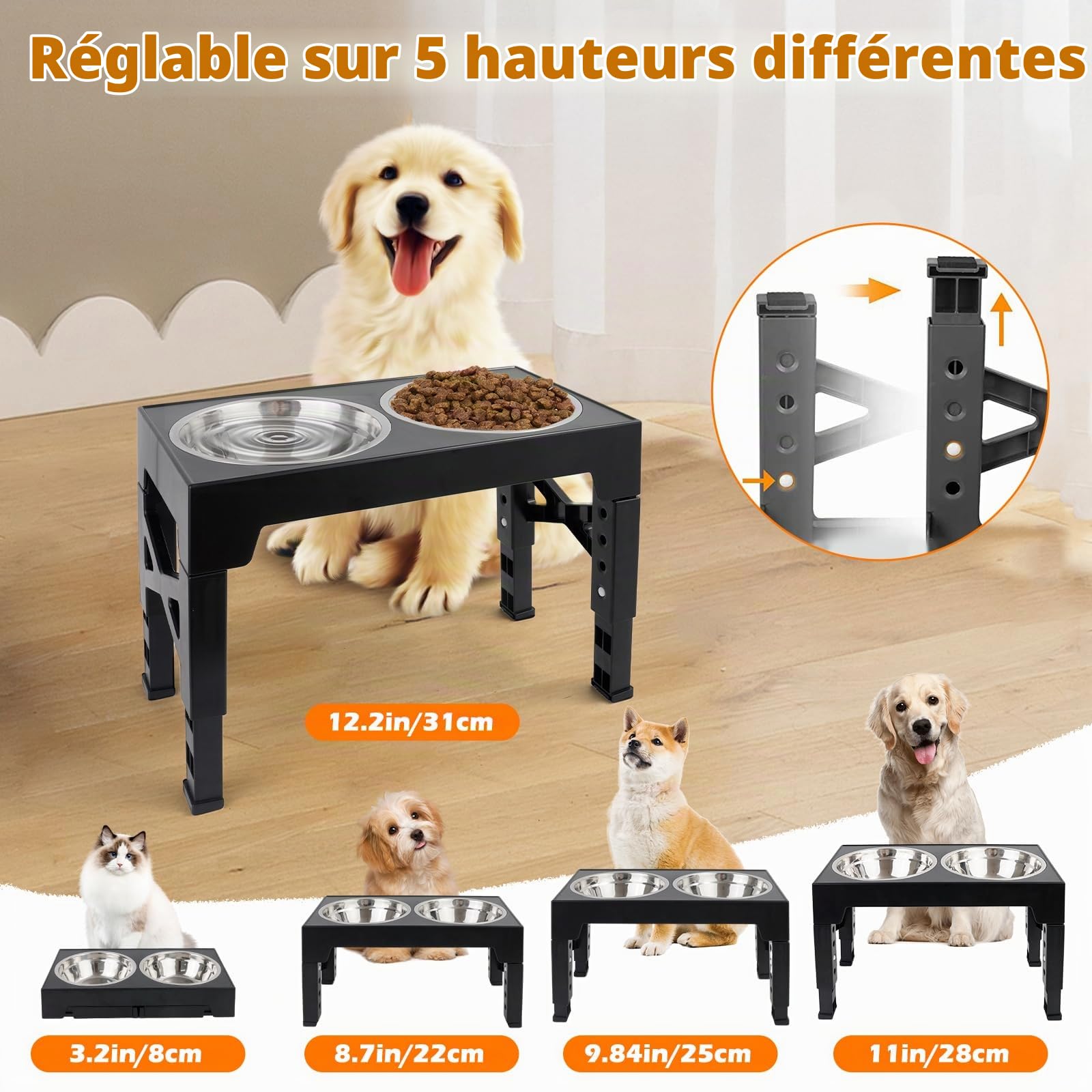 Bol pour chien surélevé réglable en hauteur avec 5 hauteurs Support de bol pour chien avec 2 bols pour chien Bol d'alimentation en acier inoxydable pour grands, moyens et petits chats et chiens Noir
