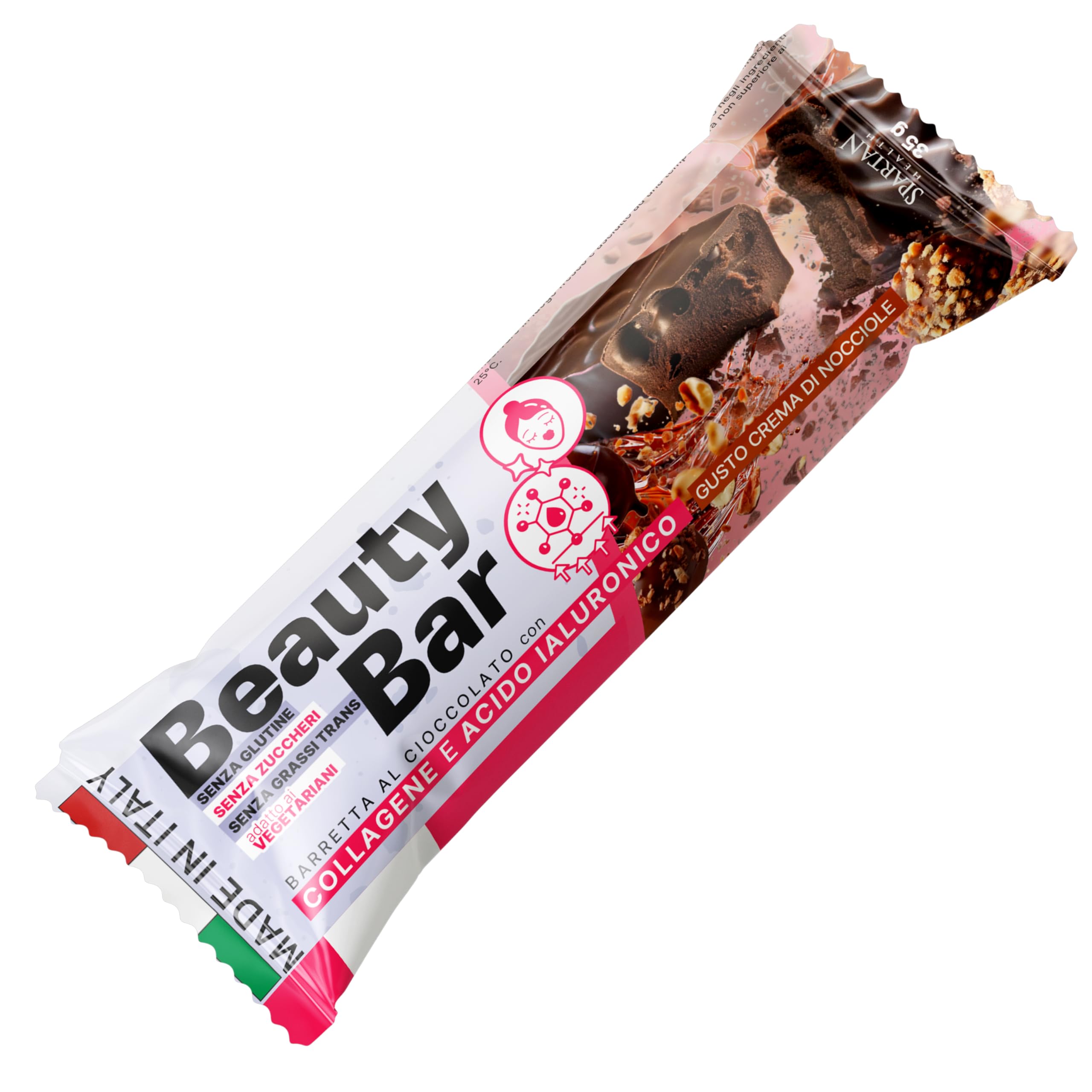 Spartan Health – Beauty Bar – Snack Collagene e Acido Ialuronico – Barretta di Bellezza e Anti-Aging – Senza Zuccheri Aggiunti – Kit Barrette Bellezza 12 Pezzi - (Crema di Nocciole)
