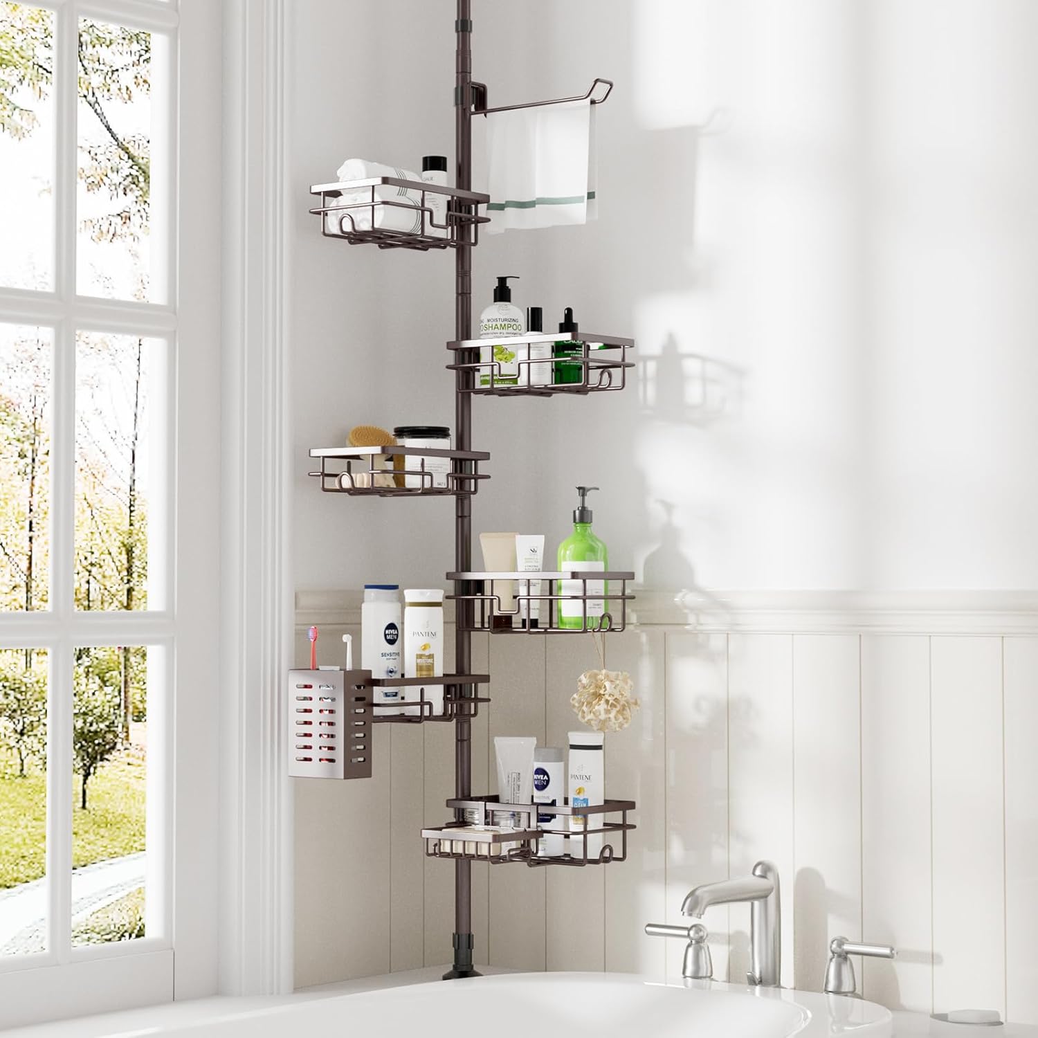 Corner Shower Caddy Tension Pole,30-120 Inch Adjustable Shower Shelves, 6-Tier Bathroom Organizer with Towel Rack/Toothbrush Holder, Showers Tension Rod Rack,Bronze