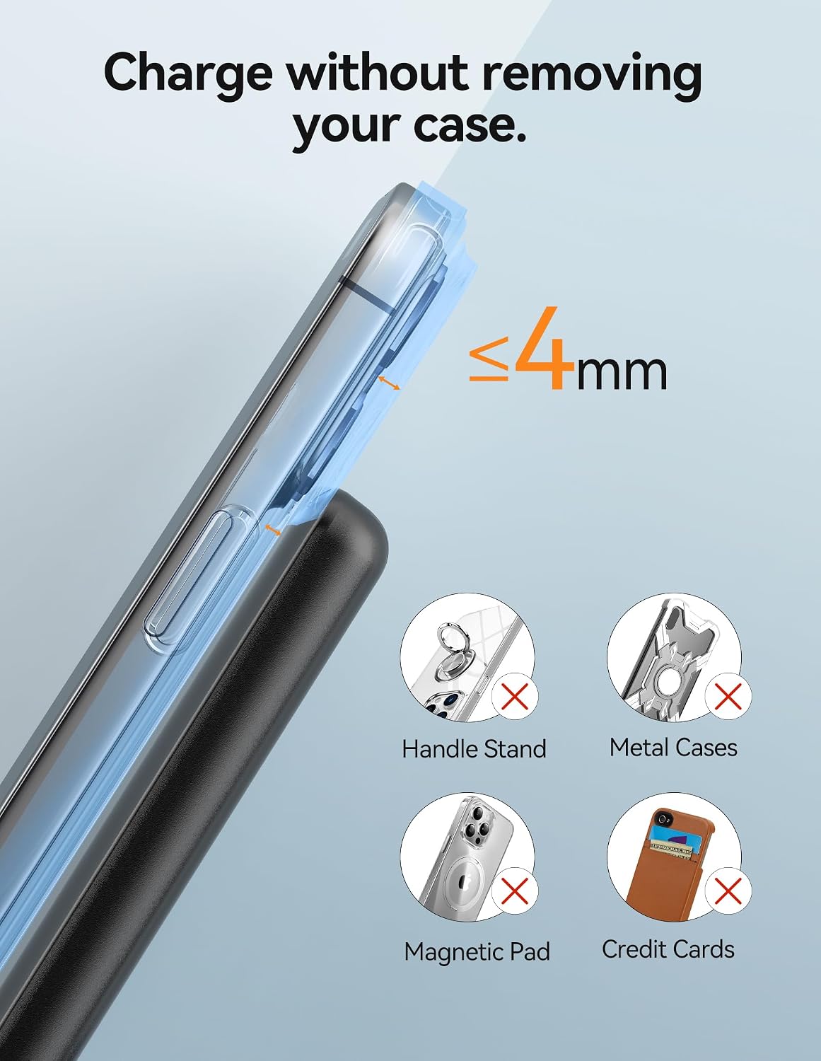 Diagram showing a smartphone charging on the TeckNet charger with a case, indicating compatibility for cases up to 4mm thick.