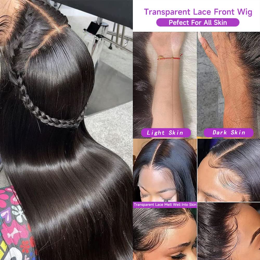13x6 Lace Front Wigs Human Hair Pre Plucked with Baby Hair 180% Density Straight HD Transparent Lace Frontal Glueless Wigs for Black Women Human Hair Bleached Knots No Shedding Full And Thick 24 Inch