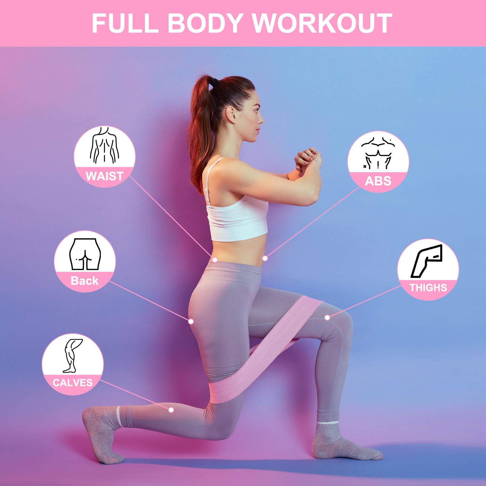 PATIKIL 12 fasce di resistenza antiscivolo per allenamento, in tessuto, elastiche, per esercizi di fitness, per donne e uomini, per gambe e fianchi, palestra, rosa (M)
