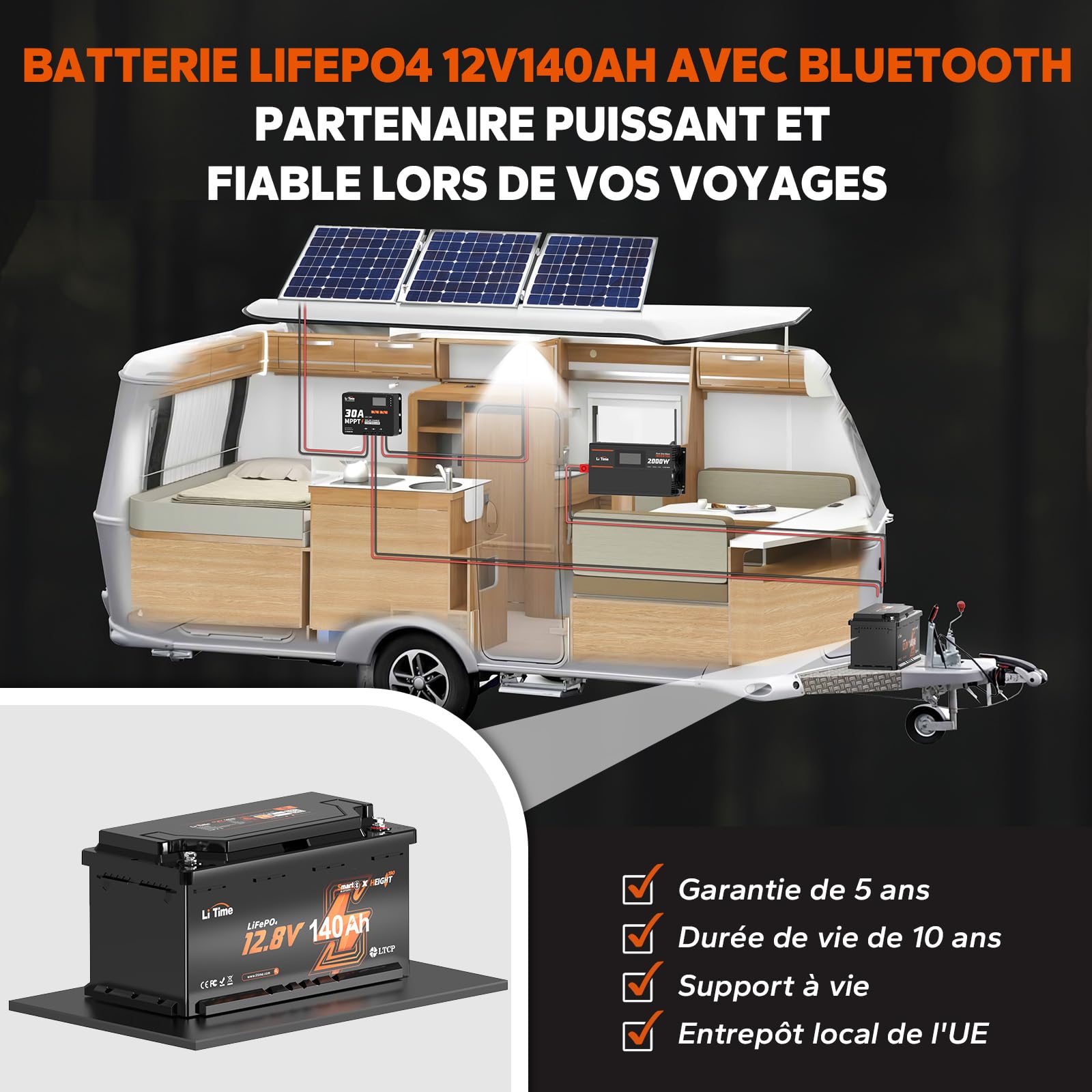 LiTime Batterie Lithium LiFePO4 12V 140Ah H190 avec Bluetooth pour Sièges de Camping-Car DIN H8 L5, 4000-15000 Cycles Profonds, BMS 150A, énergie 1920Wh, Parfait pour Caravane RVs, Fourgons