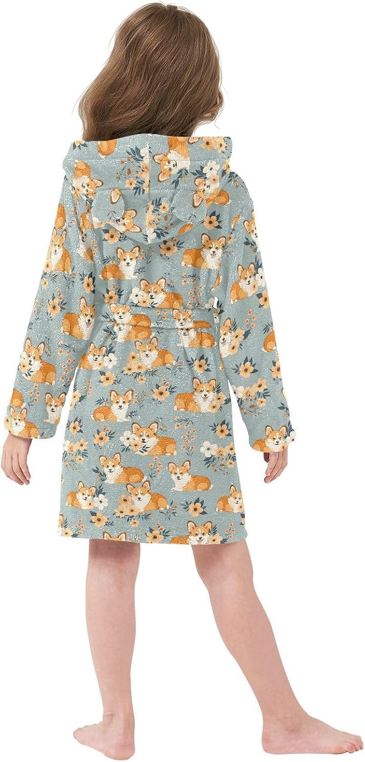 senya Dog Retro Flower Toddler Hooded Bathrobe Kids Soft Plush Bath Towel Robes for Boys Girls 2-12 Years