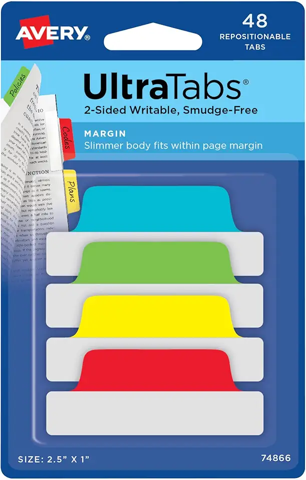 Avery Margin Ultra Tabs, 6,3 cm x 2,5 cm, 2 lados graváveis, cores sortidas, 48 abas de página reposicionáveis (74866)