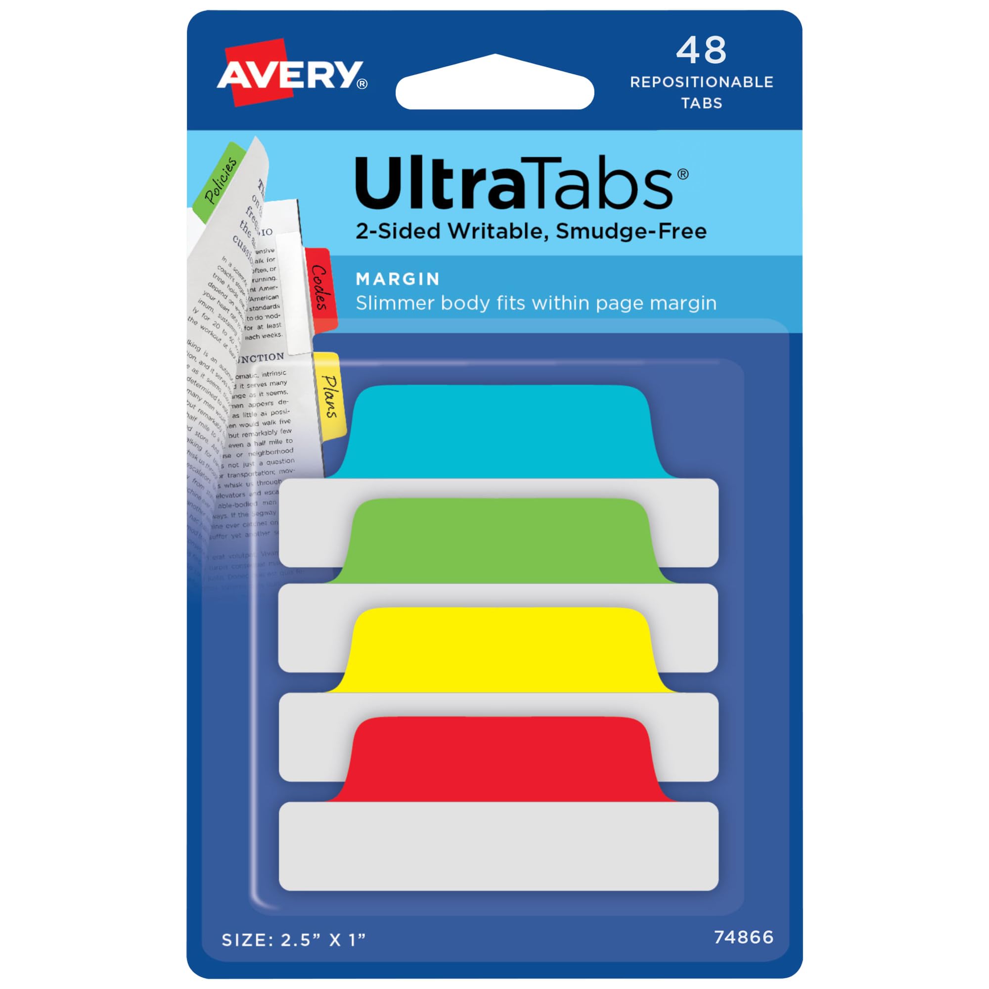 Avery Margin Ultra Tabs, 6,3 x 2,5 cm, 2-seitig beschreibbar, verschiedene Farben, 48 wiederverwendbare Seitenreiter (74866)