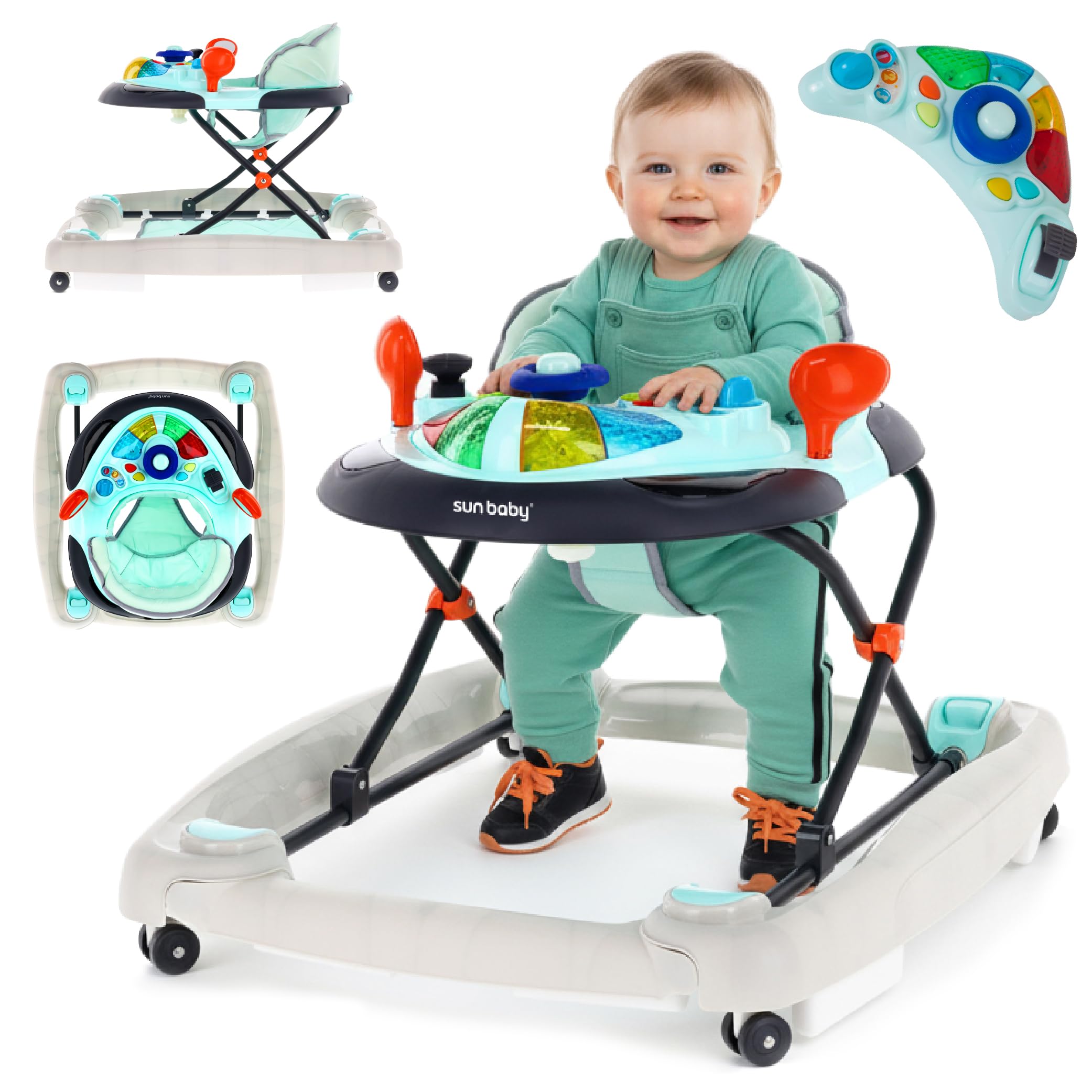 sun baby Chodzik pchacz, pomoc w nauce chodzenia, regulacja wysokości, funkcja kołyski, gumowe kółka (Niebieski)