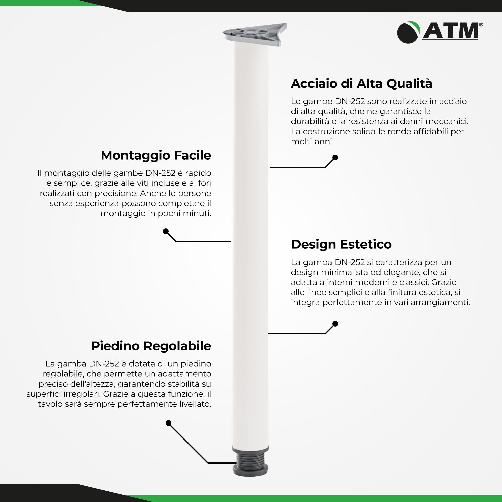 ATM Set di 4 Gambe per Tavolo 110cm Regolabili in Altezza Metallo Piedini per Mobili Ø 60mm Gamba per Tavolo Cucina Banco Lavoro Supporto Cilindrico - Bianco