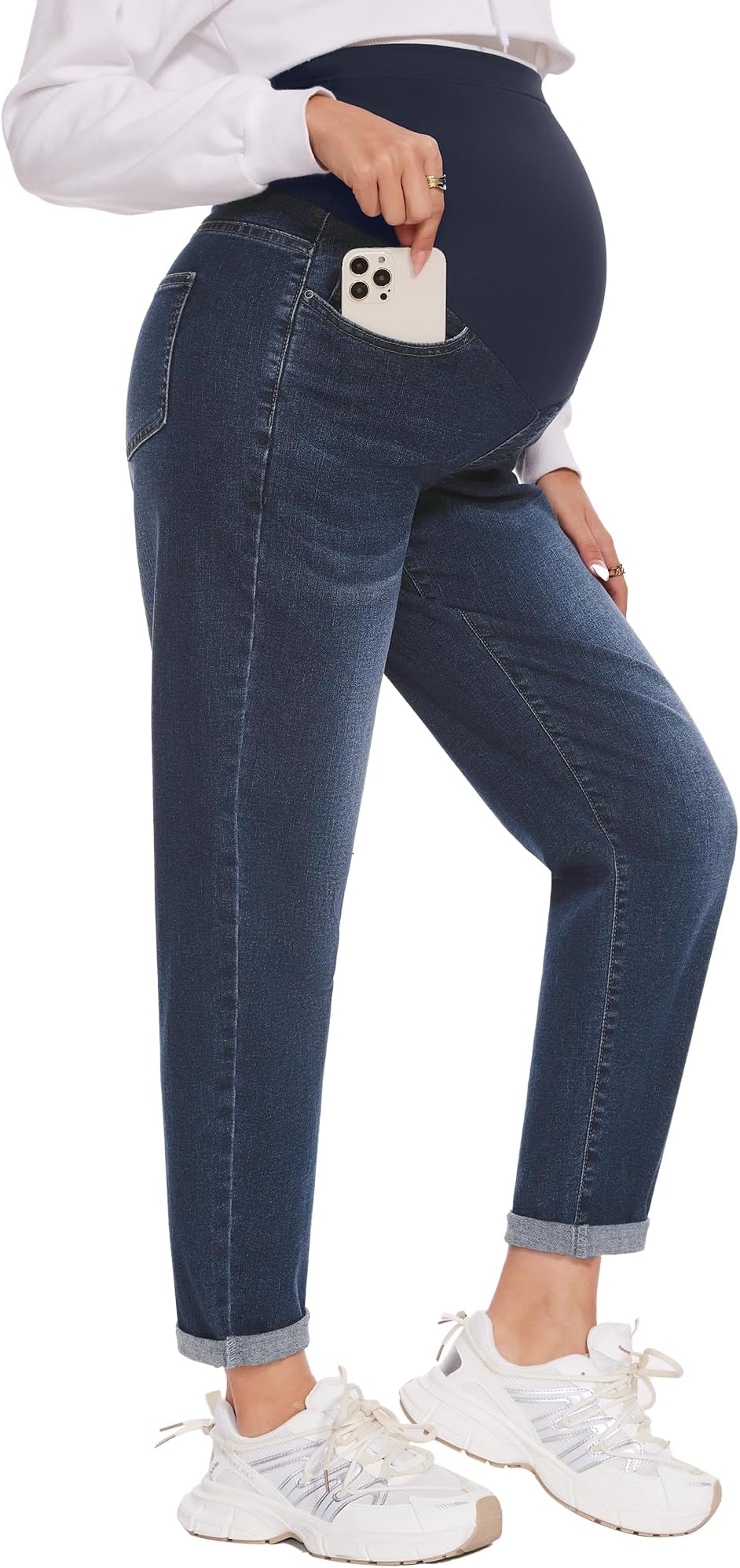 Women's Maternity Boyfriend Jeans Over Belly Stretch Comfy Loose Casual Denim Pants with Pockets for Everyday Wear