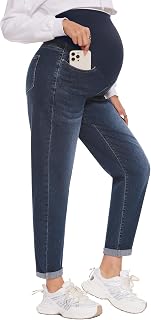 POSHGLAM Women's Maternity Boyfriend Jeans Over Belly Stretch Comfy Loose Casual Denim Pants with Pockets for Everyday Wear Price In India
