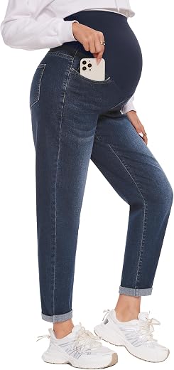 POSHGLAM Women's Maternity Boyfriend Jeans Over Belly Stretch Comfy Loose Casual Denim Pants with Pockets for Everyday Wear