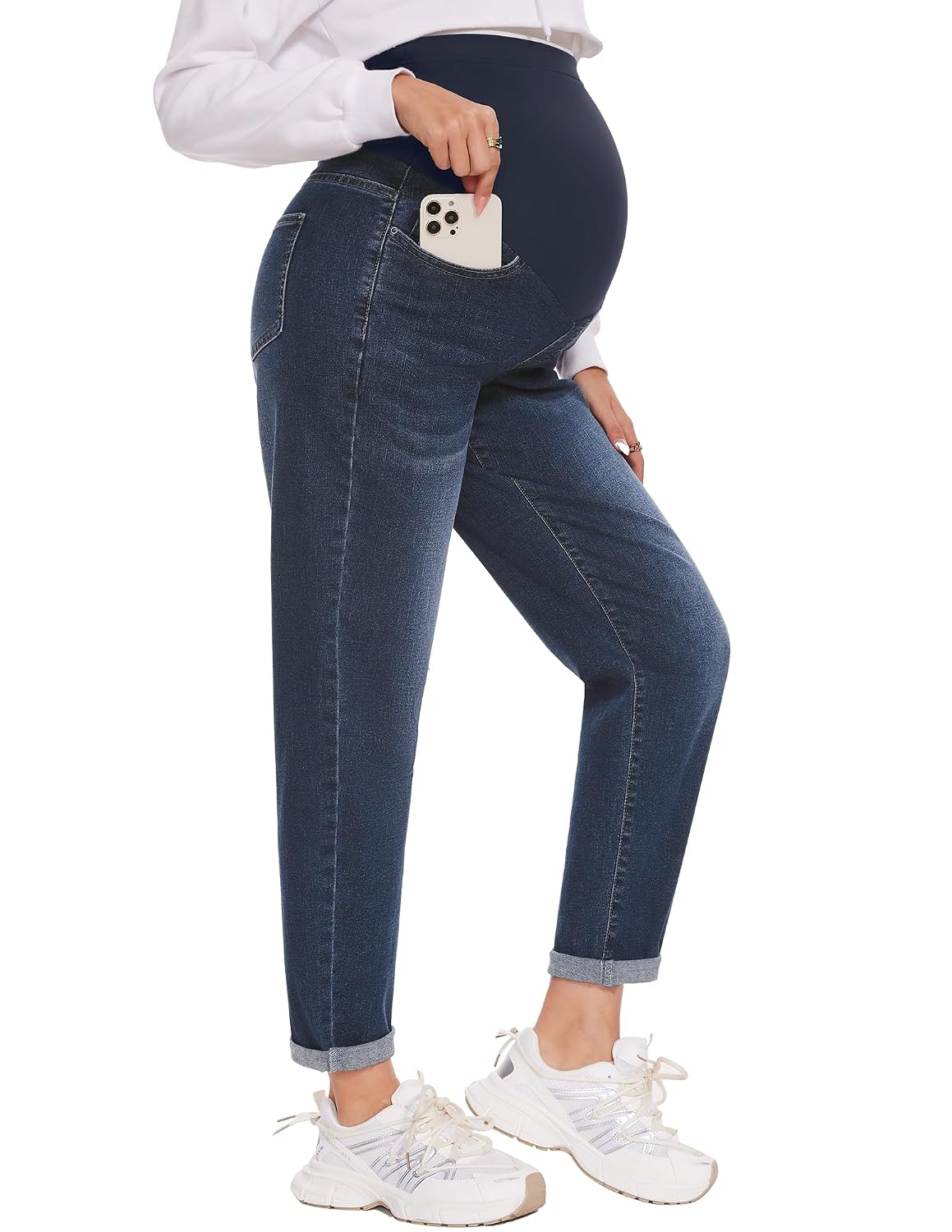 POSHGLAM Women's Maternity Boyfriend Jeans Over Belly Stretch Comfy Loose Casual Denim Pants with Pockets for Everyday Wear
