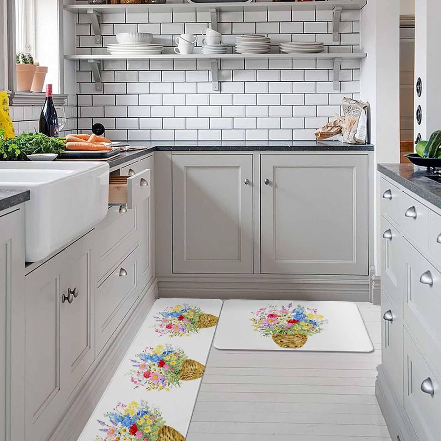 Spring Flowers Basket Kitchen Rugs and Mats Set of 2, Non-Slip Kitchen Sink Mat, Colorful Floral Botanical Leaves Washable Doormat Bathroom Rugs Runner for Bedroom/Living Room 19.7"x31.5"+19.7"x47.2"