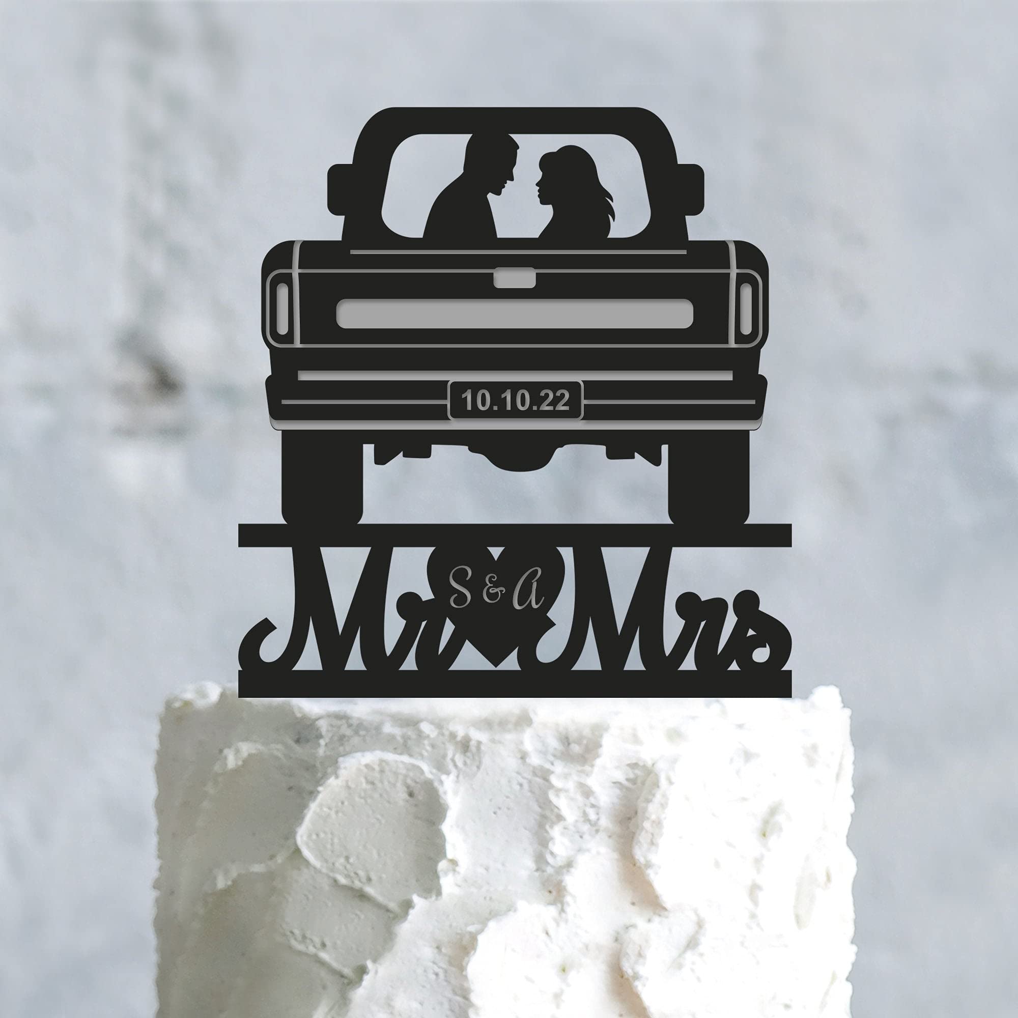 UTF4C Custom Pickup Truck Driver Wedding Mr and Mrs Cake Topper, Pick Up Truck Driver Wedding Cake Topper, Car Wedding Cake Topper Mr and Mrs, Acrylic Cake Topper, Novelty Unique Cake Insert, cct1759