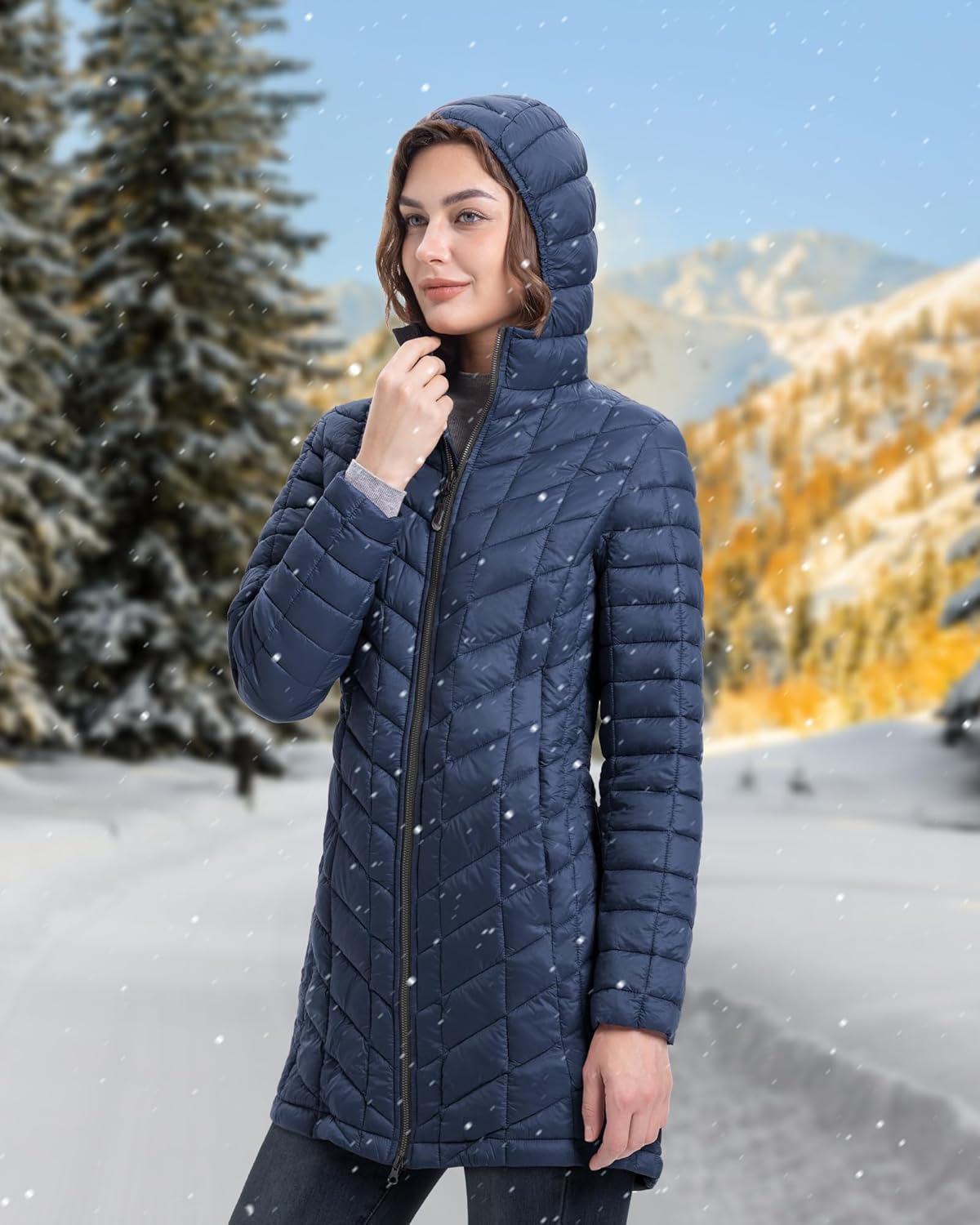 33,000ft Women's Long Puffer Jacket with Hood, Lightweight Warm Puffy Quilted Winter Coats - Image 3