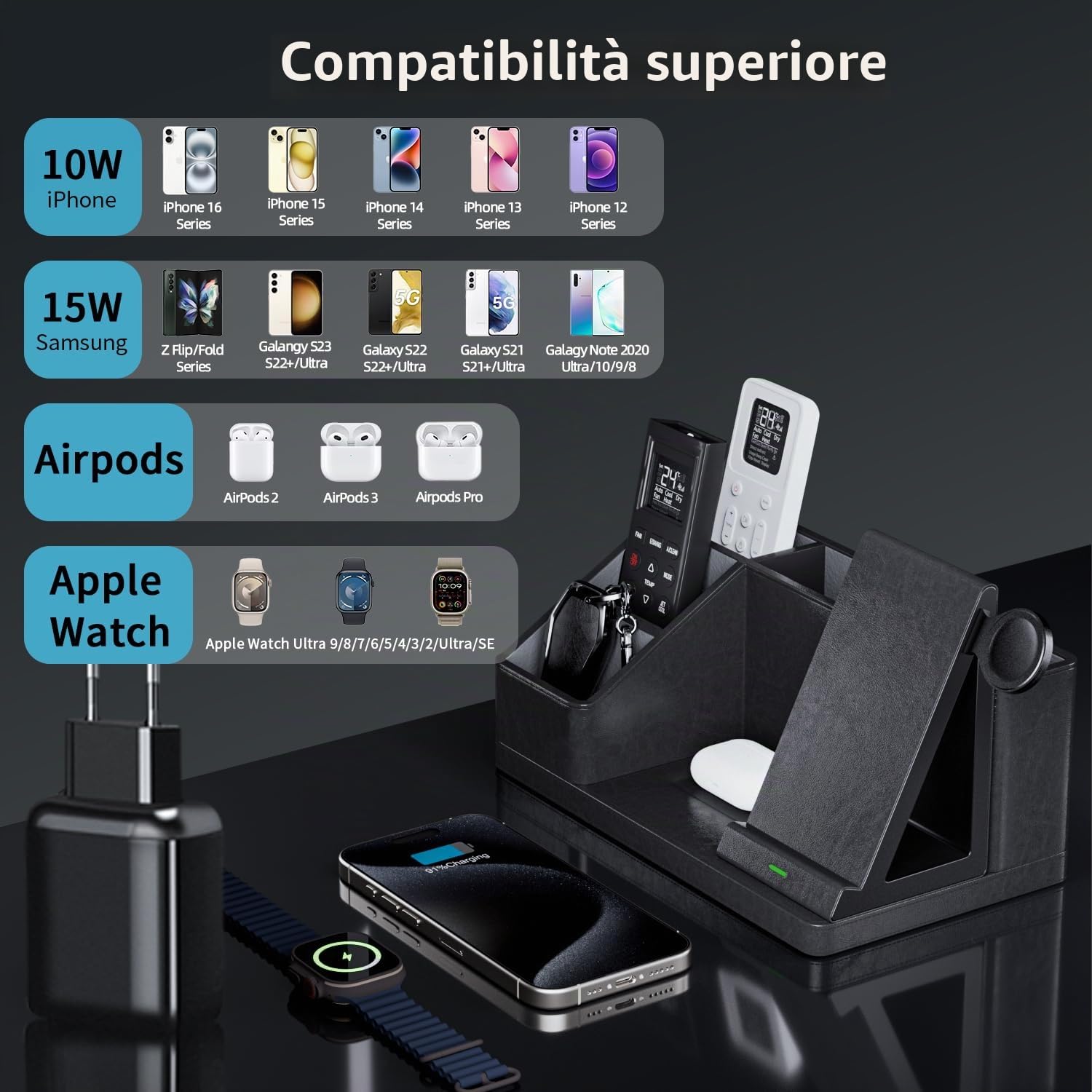 GORESE Organizer da scrivania 3 in 1 con stazione di ricarica induttiva in pelle per ufficio, 30 W ricarica wireless per iPhone 16/15/14/13/12/11/Pro/Max/XS iWatch7/6/5/4/3 AirPods3/2 AirPods 3/2/Pro