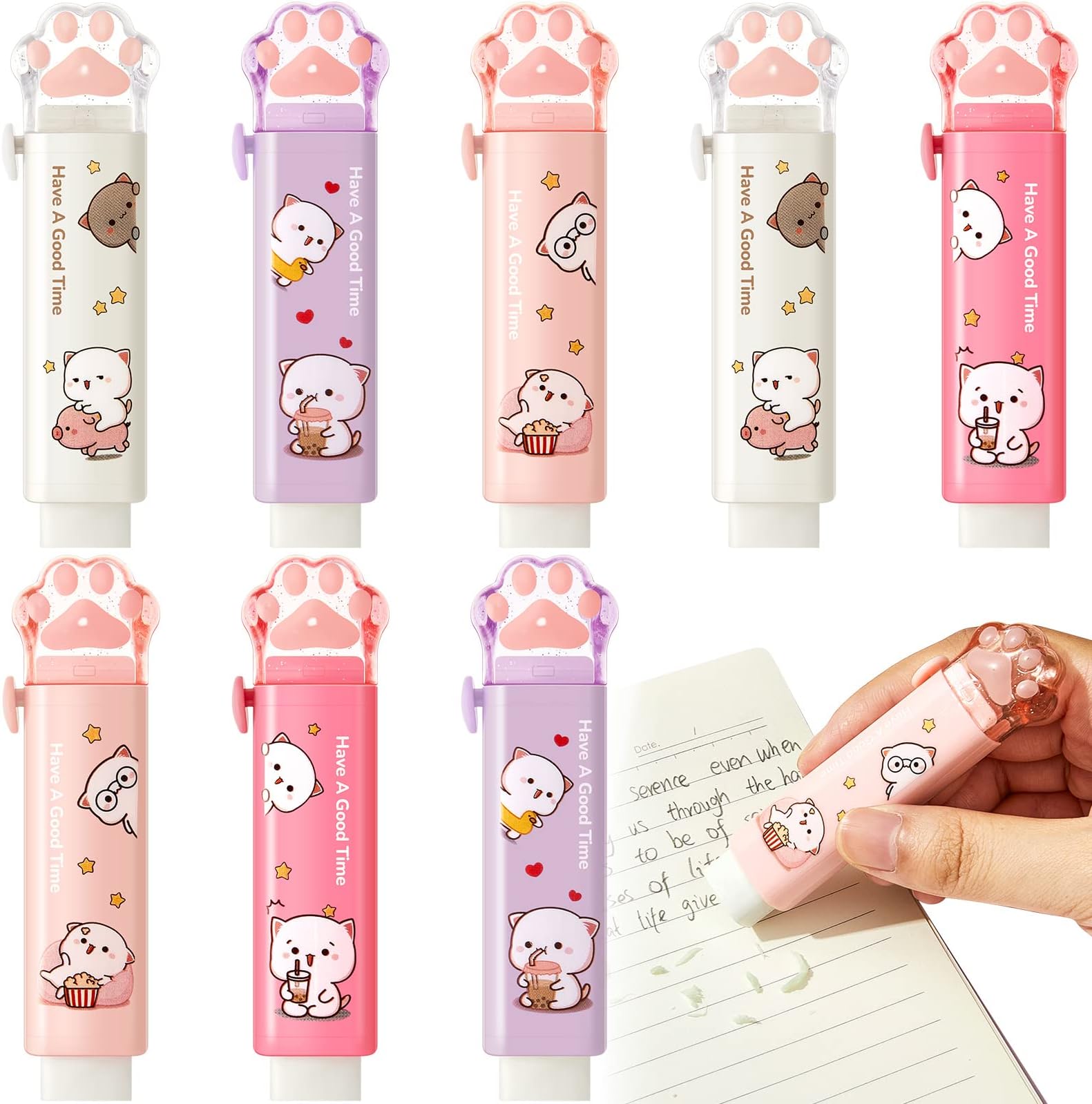 Henoyso8 Pcs Cat Paw Shaped Cute Erasers Push Pull Design Retractable Cartoon Erasers Pastel Aesthetic Erasers Pencil Kawaii Eraser Cute Rubber for Kids Students School Office Stationery (Cute Style)