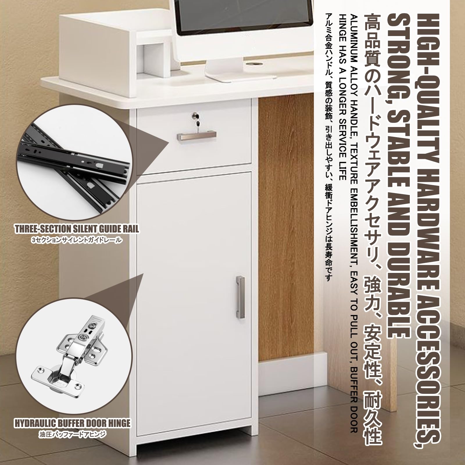 Registro di cassa in legno bianco con serratura per negozi, uffici e atri, design moderno, orientat sinistro, 80 cm Secure &Solut