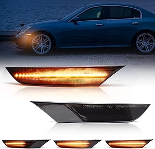 Amber LED Side Marker Lights for 2003 2004 2005 2006 2007 Infiniti G35 Base X Sport Journey Smoke Lens Turn Signal Lights Front Bumper Replacement OEM 26180AM800
