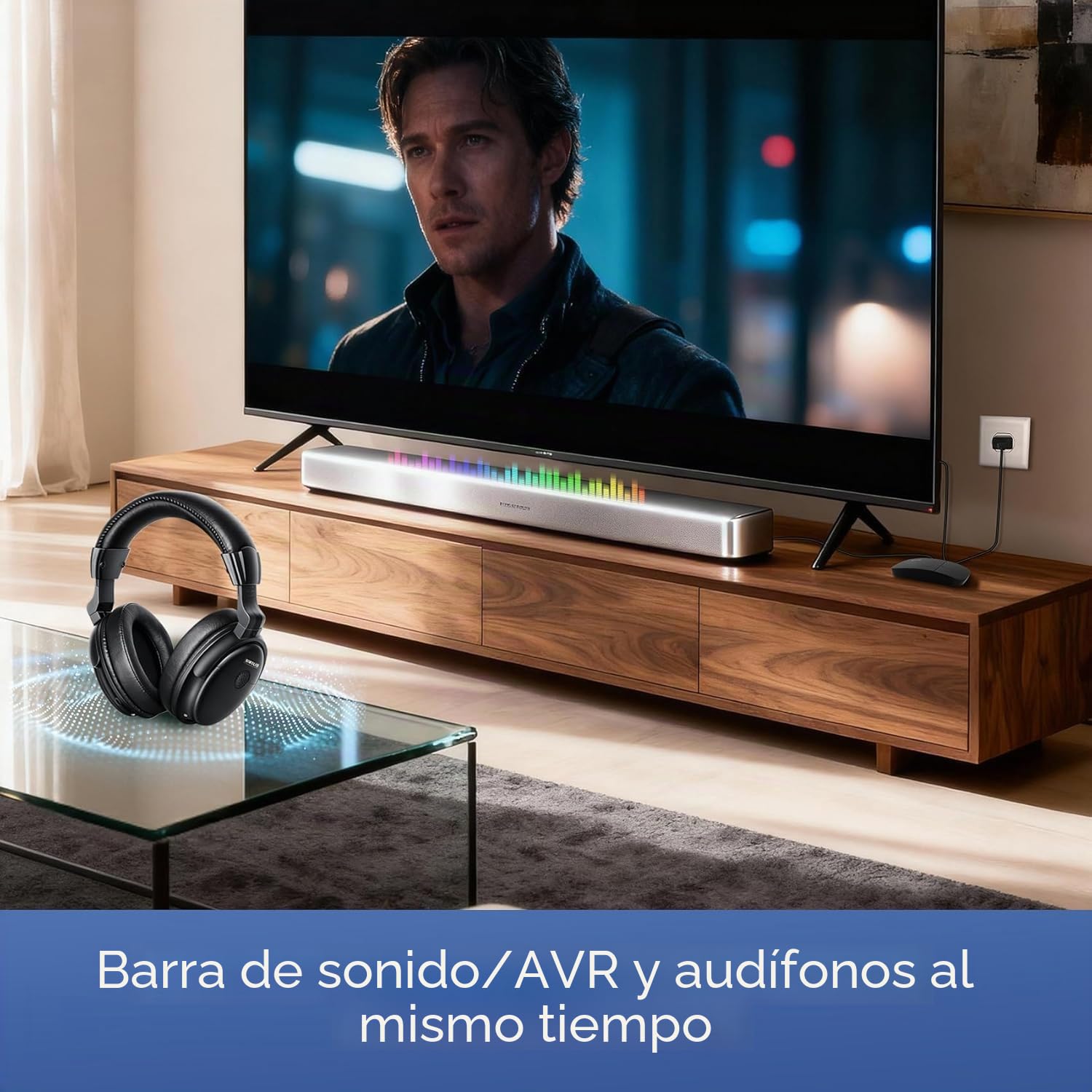 SIMOLIO 825D Auriculares Inalámbricos para TV con Voz Clara para Diálogos | Modo TV y BT, Modo Escucha & Batería Extra para Mayores, Control de Tono y Balanc, Sin Retraso, Conexión para Soundbar, 50M