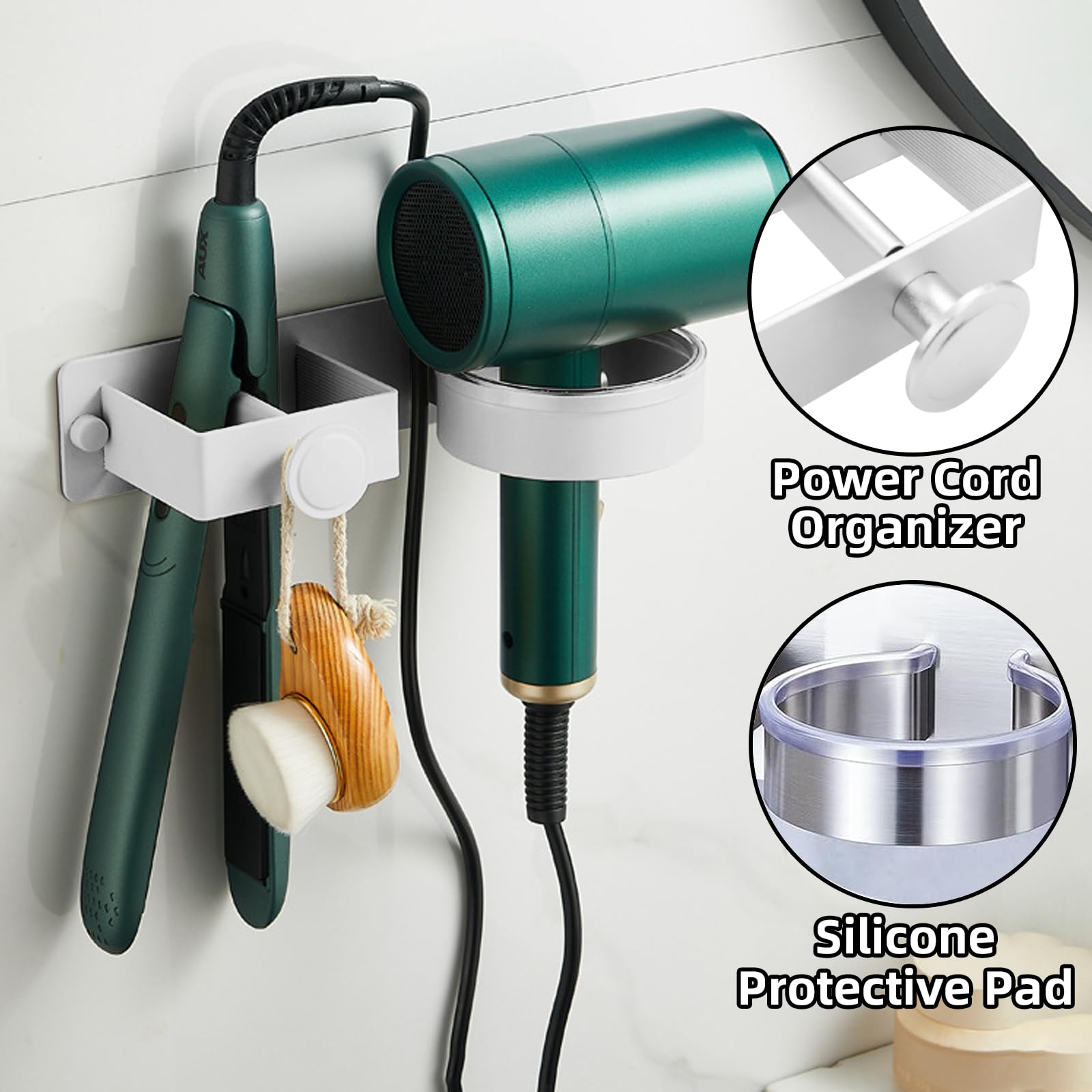 Soporte para secador de pelo, secador de pelo montado en la pared y soporte para alisador, organizador de herramientas adhesivas para el cuidado del cabello para baño, soporte de aluminio para