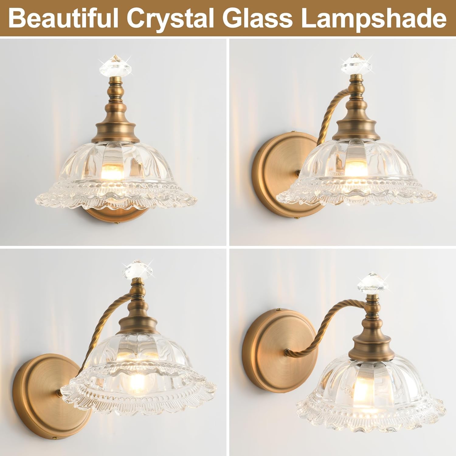 Vintage Bathroom Vanity Light Fixtures, 1-Light Brass Light Fixtures Over Mirror with Clear Crystal Glass Flower Shade, Mid Century Farmhouse Wall Mount Lighting for Living Room, Kitchen